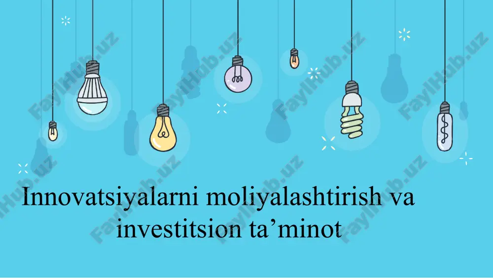 rdagi sarmoyalar tezda foyda keltirmasligi mumkin, lekin barqaror o'sishni ta'minlaydi. innovatsion faoliyatni moliyalashtirish manbalari: 1. keng turdagi manbalar: davlat mablag'lari: innovatsiyalarni moliyalashtirishda davlat subsidiyalari, grantlar yoki imtiyozli kreditlar yordamida ko'mak berishi mumkin. xususiy sektordan sarmoyalar: xususiy investitsiyalar, xususan, venture capital (vc) yoki angel investorlar orqali yangi startaplar yoki loyihalar moliyalashtirilishi mumkin. bank krediti va qarzlar: banklar va moliyaviy institutlar innovatsion loyihalar uchun maxsus kreditlar yoki qarzlar taqdim etishi mumkin. 2. moliyaviy tashkilotlar va institutlar: innovatsion faoliyatni moliyalashtirishda ilmiy-tadqiqot institutlari, universitetlar va texnologik parklar ham muhim rol o'ynaydi, ular innovatsion g'oyalarni qo'llab-quvvatlash uchun mablag'lar ajratishi mumkin. 3. davlat va xususiy sektor o'rtasidagi hamkorlik: innovatsiya faoliyatini moliyalashtirishda davlat va xususiy sektor o'rtasida hamkorlik samarali bo'lishi mumkin. davlat tomonidan kiritilgan grantlar yoki subvensiyalar, xususiy sektorning investitsiyalari bilan birlashib, innovatsion g'oyalarni yanada rivojlantirish imkonini yaratadi. 1.xalqaro grantlar va sarmoyalar 2. xalqaro investorlar 4. xalqaro moliyaviy manbalar 5. crowdfunding 6. innovatsion kreditlar va grantlar 5.crowdfunding …
