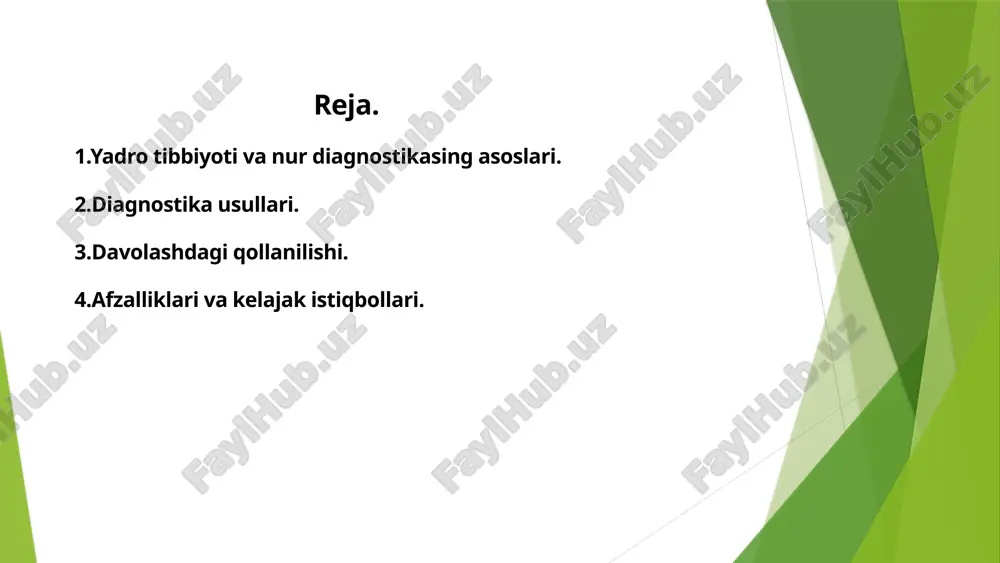 o to'lqinlar ta'siridan keyin o'z pozitsiyasiga qaytganida energiya chiqaradi. mrt apparati bu energiyani ushlaydi va signalga aylantiradi. 4. tasvir yaratish olingan signal kompyuterda qayta ishlanadi va tananing ichki tuzilmalari haqida tasvirlar (kross- sektsiyalar) hosil qiladi. bu tasvirlar shifokorlarga organlar, to'qimalar va mumkin bo'lgan kasalliklarni tekshirish imkonini beradi. magnit rezonans tomografiyaning ishlash prinsipi. bu radiologiyada tananing anatomiyasi va fiziologik jarayonlarini tasvirlash, kasalliklarga tashxis qoʻyish uchun ishlatiladigan tibbiy tasvirlash usulidir. mrt — matematik usullar bilan tiklangan organlar va toʻqimalarning qatlamli va volumetrik tasvirlarini olish uchun magnit maydon va radio toʻlqinlardan foydalanishga asoslangan nur tashxisi usulidir. mrt radiotoʻlqinli usullardan farqli oʻlaroq, atomlarni ionlash uchun zarur boʻlgan chastotadan ancha past boʻlgan radio toʻlqinlardan foydalanadi. mrt biologik toʻqimalarga ionlashtiruvchi (zararli) taʼsir koʻrsatmaydi va hozirgi kunda deyarli zararsiz hisoblanadi. kompyuter tomografiyasi (kt) — bu tibbiyotda keng qo'llaniladigan tasvirlash usuli bo'lib, u rentgen nurlaridan foydalangan holda tananing ichki tuzilmalarini qatlam-qatlam ko'rinishda ko'rsatadi. kt qurilmasi quyidagi asosiy qismlardan …