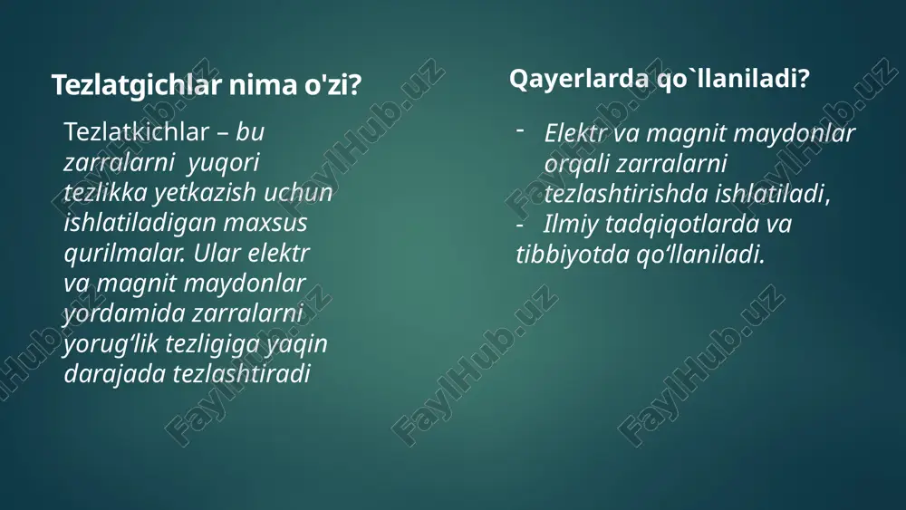 izatsiya qilish, yarimo'tkazgichlar ishlab chiqarish. energetika yadro energiyasi, yangi energiya manbalarini izlash. atrof-muhit ifloslantiruvchi moddalarni aniqlash va tozalash. 5 muhim kashfiyotlar elementar zarrachalar elektronlar, protonlar, neytronlar va boshqalar kashf etildi. xiggs bozoni 2012-yilda kashf etilgan. massa qanday hosil bo'lishini tushuntirishga yordam beradi. yadro tuzilishi yadro kuchlari, izotoplar va h.k. tushunildi. yangi texnologiyalar tibbiyotda, sanoatda va boshqa sohalarda qo'llaniladigan yangi texnologiyalar yaratildi. 6 klinik dozimetriyada tezlatkichlarning rolii saraton kasalligini davolashda ishlatilishi: tezlatkichlar (ayniqsa, lineer tezlatkichlar - linac) radioterapiyada saratonga qarshi yuqori energiyali nurlanish hosil qilish uchun qo‘llaniladi. doza taqsimotini aniq o‘lchash va nazorat qilish: klinik dozimetriyada nurlanish dozasining aniq hisoblanishi muhim ahamiyatga ega. radioterapiyada xavfsiz va samarali ishlash imkoniyati: zamonaviy tezlatkichlar xavfsiz ishlash uchun avtomatik monitoring va himoya mexanizmlari bilan jihozlangan. nurlanish xavfsizligi va me’yorlari xalqaro xavfsizlik standartlari nurlanish xavfsizligi bo‘yicha xalqaro standartlar odamlarni ionlashtiruvchi nurlanishning zararli ta’siridan himoya qilish uchun ishlab chiqilgan. ushbu me’yorlar kasbiy xodimlar, bemorlar va aholi uchun …