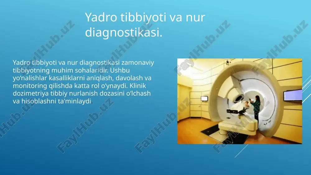 tomografiyasi) ishlash prinsipi: bemor organizmiga radiofarmatsevtik moddalar (odatda gamma-nurlanuvchi izotoplar) yuboriladi. bu moddalar muayyan organ yoki to‘qimaga to‘planadi. organizm ichidan chiqayotgan gamma-nurlar detektorlar orqali o‘lchanadi. kompyuter ularni 3d tasvirga aylantiradi. organ va to‘qimalar funksiyasini o‘rganish pet (pozitron emissiyali tomografiya) ishlash prinsipi: bemor organizmiga pozitron chiqaruvchi radioaktiv modda yuboriladi (masalan, ¹⁸f-fdg). pozitronlar elektronlar bilan to‘qnashib annigilyatsiya qiladi va ikkita qarama-qarshi yo‘nalgan gamma-nur hosil qiladi. ushbu nurlar detektorlar tomonidan aniqlanadi va 3d tasvir hosil qilinadi. o‘smalarni erta aniqlash 6 nur tashxisida klinik qo‘llanilishi o‘pka diagnostikasi (pulmonologik diagnostika) o‘pka yallig‘lanishlari, o‘smalar, emboliyalar, fibrozlar, pnevmotoraks va sil kabi kasalliklarni aniqlash maqsadida qo`llaniladi. asosiy nur tashxis usullari: rentgenografiya (ko‘krak qafasi rentgeni) eng keng tarqalgan va pnevmoniya, sil, shishlar, pnevmotoraks holatida ishlatiladi. tez, arzon, lekin ayrim hollarda noaniq. kompyuter tomografiyasi (kt) yuqori aniqlikdagi tasvirlarni beradi ayniqsa yumshoq to‘qimalarda. kt-angiografiya – o‘pka emboliyasini aniqlash uchun ishlatiladi 7 maqsadi: koronar qon aylanishi, yurak mushagi ishemiyasi, infarkt, shish yoki …