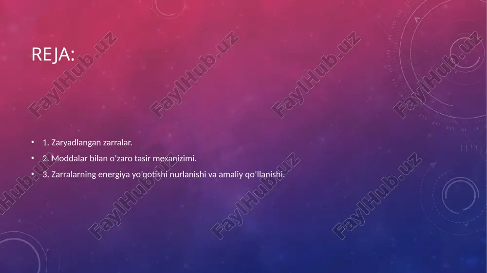a zarrachalar bilan to‘qnashadi: elastik to‘qnashuv – energiya saqlanadi, faqat yo‘nalish o‘zgaradi. noelastik to‘qnashuv – energiyaning bir qismi modda atomlariga o'tadi (masalan, ionlashga yoki qo‘zg‘alishga sarflanadi). 4. bremsstrahlung (tormozlanish nurlanishi) agar zaryadlangan zarra (ayniqsa elektron) yadro yaqinidan o'tsa, kuchli tormozlanadi va rentgen nurlari hosil bo'lishi mumkin. 5. yadro reaksiyalari agar zarra yuqori energiyali bo‘lsa, u moddadagi yadro bilan reaksiyaga kirishib, yangi zarrachalar yoki radiatsiya hosil qilishi mumkin. • zaryadlangan zarralarning o’zaro tasiri. zaryadlangan zarralar, masalan, ionlar va elektronlar, moddalar bilan o’zaro tasir qilisgda muhim ro’l o’ynaydi. ular elektromagnit kuchlar orqali bir- biriga ta’sir etadi. bu ta’sirlar kimyoviy reaksiyalar, fizikaviy o’zgarishlar va boshqa jarayonlar uchun muhimdir. zarralarning zaryadi va harakati ularning moddalar bilan o’zaro ta’sirini belgilaydi. • zaryadlangan zarralar kimyoviy muhitni o’zgartirib , reaksiya mexanizimlarini o’zgartirish orqali yangi materiallar va maxsulotlarni olish imkonini beradi. bu jarayonlar zamonaviy kimyo va materialshunoslikda keng qo’llaniladi. amaliy qo’llanilishi. zaryatlangan zarralarning m0ddalar bilan o’zaro tasiri reja: …