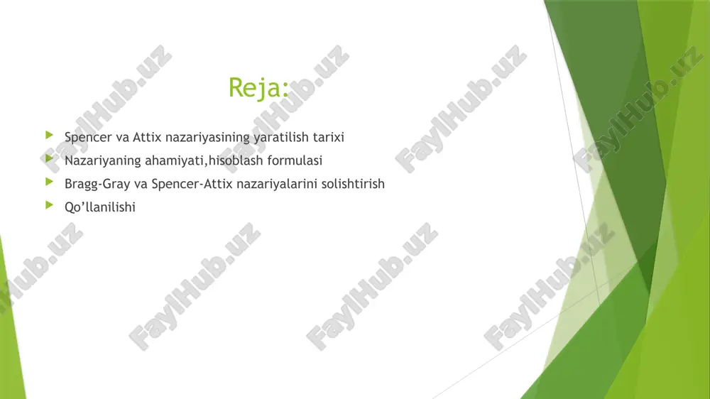 ar qanday yuzaga keladi 1.asosiy electron materialdagi atom bilan to’qnashadi. 2.atomdagi electron energiya oladi va tashqariga chiqadi. 3.hosil bo’lgan bu ‘uchib ketgan’ electron –delta zarra deyiladi. misol:1 mev energiyali electron havo orqali o’tadi. ionlanish natijasida ko’plab kam energiyali elektronlar (delta zarralar) hosil qiladi. har bir delta-zarra o’z energiyasiga qarab,bo’shliq ichida yutiladi yoki chiqib ketadi stopping power-to’xtatuvchi kuch nima? zaryadlangan zarracha material ichida harakatlanayotganda bir birlik masofada yo’qotadigan o’rtacha energiya miqdori. matematik ifodasi: s=e/x s-to’xtatuvchi kuch(mev/cm) e-zarracha energiyasi x-zarrachaning o’tgan masofasi. xususiyatlari: 1.energiyaga bog’liq .yuqori energiyada stopping power pastroq,past energiyada esa ko’proq bo’ladi. 2.materialga bog’liq:zichroq materiallarda stopping power yuqoriroq. 3.zarralarning turiga ham bogliq,ya’ni og’ir zarralar(protonlar) va yengil zarralar (elektronlar) uchun farq qiladi hisoblash formulasi: doza va to’plangan energiyaning o’zaro bog’lanishi: doza va stop power o’rtasidagi bog’lanish: qo’llanilish sohalari 1.radiatsion terapiyada(onkologiyada) bemorga beriladigan dozaning aniq hisob-kitobi uchun. linear tezlatkichlar yordamida nurlantirish spencer-attix formulalari asosida absorbsiyalangan doza(nurlanishning modda tomonidan so’rilgan energiyasi) aniqlanadi. kosmik …
