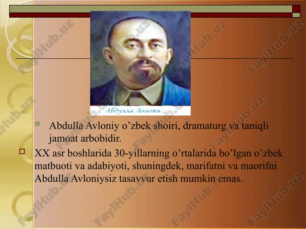 bir sinfdan ikkinchisiga o’tishdagi imtihonni joriy etdi, ta’lim tizimining dunyoviy yo’nalishini kuchaytirishda alohida e’tibor berdi. uning “birinchi muallim” (1909), “ikkinchi muallim” (1912) nomli darsliklari hamda “turkiy guliston yoxud axloq” (1913) nomli qo’llanmasi o’z davrida yoshlarni yangicha yo’nalishda o’qitish va an’anaviy milliy ruh asosida tarbiyalashda katta ahamiyatga ega masalan, bolalarga bag’ishlangan “vatan” (1916) she’rida dunyodagi eng ulug’ va muqaddas tushuncha vatandir, vatanga sadoqatli bo’lmoq, abdulla avloniy ko’plab she’rlar, she’riy to’plamlar muallifidir. uning she’rlarida vatanparvarlik, marifatparvarlik va milliy-ozodlik taronalari alohida o’rin tutadi. marifatli va ilmli bo’lish har bir xalqning taqdiri va taraqqiyotini belgilaydigan omildir, deydi o’nlab she’rlarida avloniy. abdulla avloniy hayot faoliyati turkistonda yuritilayotgan istibdod siyosatiga ham, o’lkaning o’zidagi yurtfurush amaldorlarning zulm – zo’ravonligiga bir kun kelib chek qo’yishini aytadi. avloniy faoliyatida gazetachilik, teatr ishlari, o’qituvchilik alohida o’rin tutadi. u oktyabr o’zgarishiga qadar “shuhrat” (1907), “turon” (1917) nomli gazetalarni chiqardi, ma’lum muddat turkistonning ilg’or va mashhur gazetasi “sadoi turkiston”da faoliyat ko’rsatdi, sho’rolar …