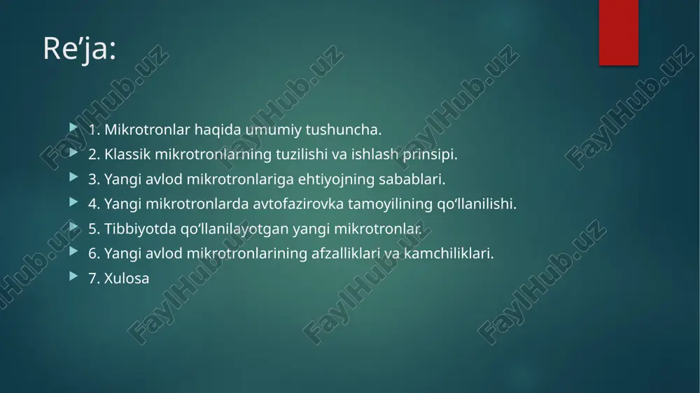 dir. ular kichik laboratoriyalar uchun mos keladi. biroq, energiya chegarasi va o‘lchami bo‘yicha cheklovlarga ega. yangi avlod mikrotronlariga ehtiyojning sabablari ilmiy tajribalar va tibbiy talablar kuchaygani sayin, yuqori energiyali, ixcham va ishonchli mikrotronlarga ehtiyoj ortdi. klassik mikrotronlar o‘z imkoniyatlari bilan barcha sohalarga yetarli javob bera olmayapti. masalan, tibbiyotda saraton hujayralarini davolashda yuqori aniqlik va kuchli energiya talab etiladi. zamonaviy sanoat texnologiyalari ham tezlatilgan zarrachalarni ko‘proq energiya bilan olishni talab qiladi. energiya samaradorligini oshirish, ixchamlashtirish va kam issiqlik chiqarish – bu yangi mikrotronlardan kutilyotgan asosiy talablar. yana bir muhim jihat – avtomatlashtirish imkoniyati. yangi turdagi mikrotronlar uzoq masofadan boshqarilishi, aniq nazorat tizimlariga ega bo‘lishi kerak. shuningdek, xizmat ko‘rsatish muddati ham uzaytirilgan bo‘lishi kerak. shu sababli yangi avlod mikrotronlarini yaratish dolzarb bo‘lib qoldi. yangi mikrotronlarda avtofazirovka tamoyilining qo’llanilishi avtofazirovka – bu zarrachalar sinxron tarzda energiya olishini ta’minlovchi tamoyildir. mikrotronlarda bu tamoyil yordamida elektronlar doimiy fazada saqlanadi. sinxron faza elektronlarning energiya orttirishini boshqaradi. …