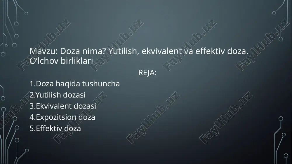 gen nurlari uchun aniq hisoblanadi. expozitsion dozaning ahamiyati:expozitsion doza, radiatsiya xavfini baholashda foydalidir, lekin bu faqat ionlashtiruvchi nurlar havoda qanchalik kuchli ionlashganligini o'lchaydi. u odamlarning to'qimalarida yoki organlarida qancha energiya yutilishini aniqlash uchun to'g'ri o'lchov emas, chunki odamlarning organizmiga radiatsiya ta'sirining biologik ta'siri boshqa omillarga ham bog'liq. effektiv dozaning ta'rifi:effektiv doza radiatsiya ta'siri bilan bog'liq xavfni baholashda va organizmdagi turli organlar yoki to'qimalarda radiatsiyaning biologik ta'sirini hisobga olishda ishlatiladi. bu doza sievert (sv) birligi bilan o'lchanadi.effektiv dozaning hisoblanishi:effektiv doza quyidagi formula bilan hisoblanadi: =∑ × e= i∑​ h i​ ×w i​𝐸 𝑖𝐻𝑖 𝑊𝑖 e — umumiy effektiv doza (sievert, sv). h_i — i-organ yoki i-to'qima uchun ekvivalent doza (sievert). w_i — i-organ yoki i-to'qima uchun biologik sezgirlik koeffitsienti (bu koeffitsient har bir organ yoki to'qimaning radiatsiyaga qarshi sezgirligini hisobga oladi). dozalar radiatsiyaning turli darajadagi ta'sirini o'lchash va baholashda asosiy ko'rsatkichlardir.har bir doza turi (yutilgan, expozitsion, ekvivalent, effektiv) turli jihatlarga e'tibor …