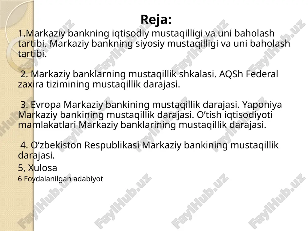 holda ko’rib chiqish mumkin. 70-yillar o’rtalaridan 80-yillar o’rtalarigacha bo’lgan davr mobaynida davlatning iqtisodiyotga amaliy aralashuvi natijasida jahonning ko’pgina etakchi mamlakatlarida markaziy banklarning “qudratlilik” nazariyasi tasdiqlandi, markaziy banklarning obro’-e’tibori, nufuzi qsdi va bu ma’muriy boshqaruv usullarining kengayishida namoyon bo’ldi. shular orqali, tahlil qilingan besh omil ichidan uch asosiy (aniqrog’i: 2,4,5) va ikki qo’shimcha (1 va 3) omilni ajratish mumkin. markaziy bankning xukumat boshqaruv organlaridan mustaqilligini belgilovchi asosiy ob’ektiv omillarga: bank rahbarini saylash va ishdan ozod qilish tartibi; pul-kredit siyosatiga davlatning aralashishi huquqi; xukumatni markaziy bank tomonidan kreditlash chegaralanganligining mavjudligi va qat’iyligini ajratib ko’rsatish mumkin. markaziy bank kapitalida davlat ulushini va qonunchilikda markaziy bankning maqsadi va vazifalarini aniq belgilanganligi yuqoridagi tahlildan ko’rinib turibdiki, u markaziy bank mustaqilligi darajasini belgilashda hal qiluvchi rol oynamaydi va ular ikkilamchi omillar bo’lib hisoblanadilar. 2. markaziy banklarning mustaqillik shkalasi. aqsh federal zaxira tizimining mustaqillik darajasi. sanoati rivojlangan mamlakatlar markaziy banklari mustaqilligining ob’ektiv omillariga baho berishda quyidagi mezonlarni …