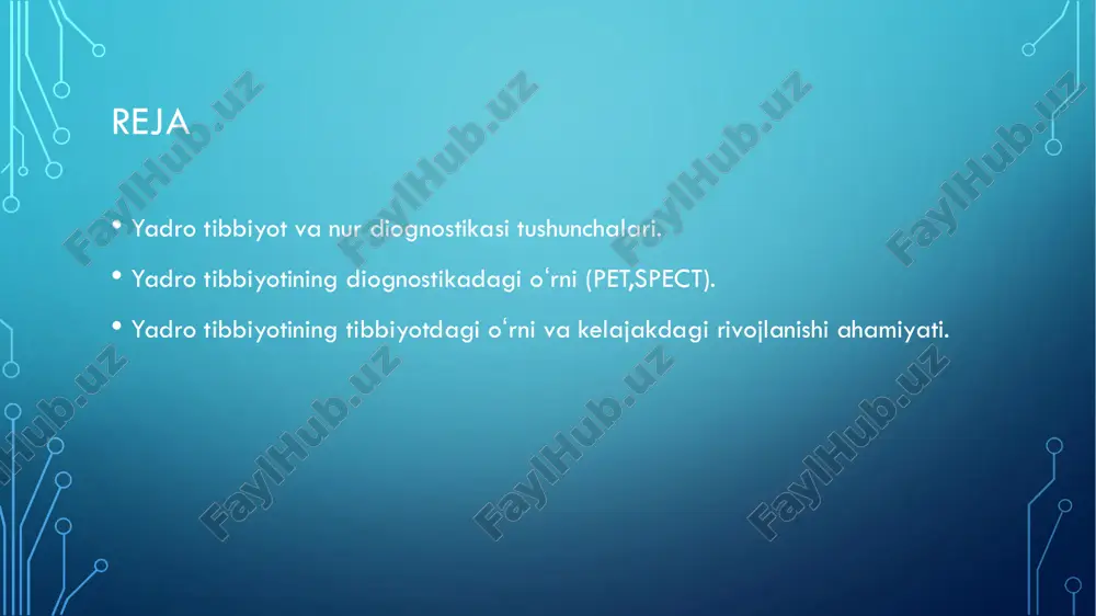 klid tana ichiga qabul qilinadi. keyin tashqi detektorlar (gamma kameralar) radionuklidlar chiqaradigan nurlanishdan tasvirlarni oladi va hosil qiladi. bu jarayon diagnostik rentgenga oʻxshamaydi, bu yerda tashqi nurlanish tasvirni shakllantirish uchun tanadan oʻtadi. • yadro tibbiyoti sinovlari boshqa sinovlardan farq qiladi, chunki diagnostika testlari kt yoki mri kabi anʼanaviy anatomik tasvirlardan farqli, u birinchi navbatda oʻrganilayotgan tizimning fiziologik funksiyasini koʻrsatadi. yadro tibbiyotining tasviriy tadqiqotlari odatda organ, toʻqima yoki kasalliklarga xos (masalan: oʻpka, yurak skaneri, suyak skaneri, miya skaneri, oʻsimta, infeksiya, parkinson va boshqalar) anʼanaviy rentgenologik koʻrishga qaraganda koʻproq. tananing maʼlum bir qismi (masalan: koʻkrak qafasi rentgenogrammasi, qorin / tos aʼzolarining kompyuter tomografiyasi). bundan tashqari, maʼlum hujayra retseptorlari yoki funksiyalari asosida butun tanani tasvirlash imkonini beruvchi yadroviy tibbiyot tadqiqotlari mavjud. masalan, butun tananing pet skanerlari yoki pet/kt skanerlari, indiy oq qon hujayralari skanerlari, va oktreotid skanerlari. yod-123 qalqonsimon bez saratonini baholash uchun butun tanani skanerlash. yuqoridagi tadqiqot umumiy tiroidektomiya va tsh stimulyatsiyasidan …