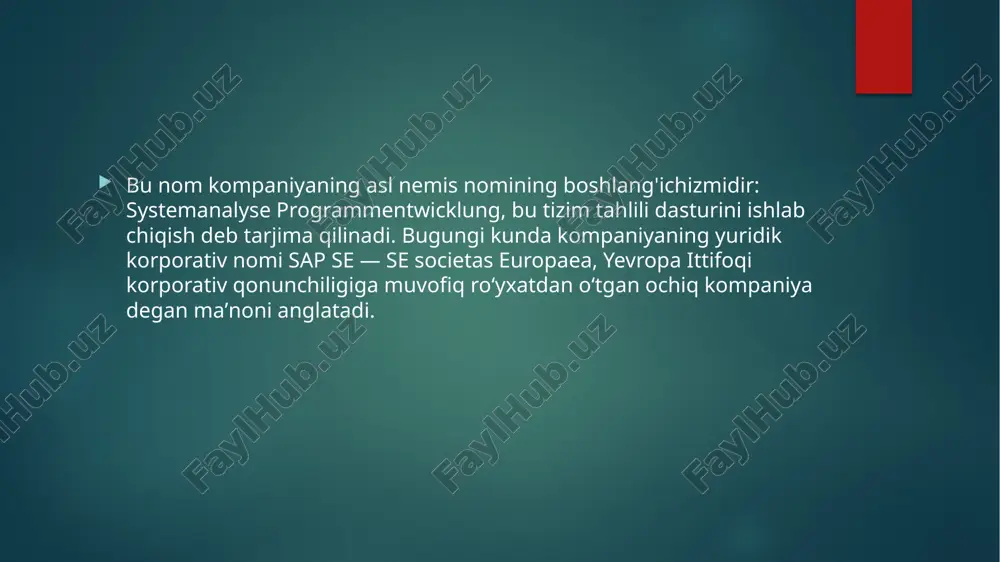 ish imkonini berish orqali kompaniyalarga murakkab biznes jarayonlarini yaxshiroq boshqarishga yordam beradi. natijada, korxonalar ish oqimini tezlashtirishi, operatsion samaradorlikni oshirishi, mahsuldorlikni oshirishi, mijozlar tajribasini yaxshilashi va natijada daromadni oshirishi mumkin. erp dasturi nima? erp "korxona resurslarini rejalashtirish" degan ma'noni anglatadi. erp dasturi xaridlar, ishlab chiqarish, materiallarni boshqarish, sotish, marketing, moliya va inson resurslari (hr) kabi barcha asosiy biznes sohalari uchun dasturlarni o'z ichiga oladi.sap biznes yechimlari uchun standart dasturiy ta'minotni ishlab chiqqan birinchi kompaniyalardan biri bo'lib, sanoatning yetakchi erp yechimlarini taklif qilishda davom etmoqda. oracle ma’lumotlar bazasini boshqarish tizimi haqida oracle (ma'lumotlar bazasini boshqarish tizimi) – katta hajmdagi ma'lumotlarni boshqarish, ulardan kerakli ma'lumotlarni so'rov orqali istalgan ko'rinishda chiqarib olish, ma'lumotlarning zahira nusxalarini olish, katta xajmdagi ma'lumotlarni siqish, qulay interfeysda baza ustidan nazorat o'rnatish, ma'lumotlar asosida hisobotlar hosil qilish va bulardan boshqa ma'lumotlar ustida juda katta ko'lamdagi ishlarni amalga oshiradigan dasturiy kompleksdir. oracle dasturini server va klient ko'rinishida o'rnatish mumkin va …