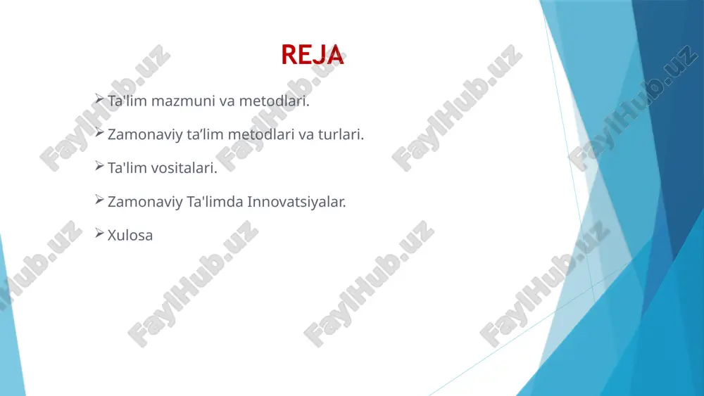 moada ishlash ko‘nikmalarini rivojlantiradi. texnologiyalar yordamida o‘qitish onlayn platformalar, multimedia vositalari, virtual reallik va sun'iy intellekt kabi texnologiyalar yordamida o‘quv jarayoni yanada qiziqarli va samarali bo‘ladi. moslashuvchan yondashuv har bir metod o‘quvchilarning turli ehtiyojlari va o‘rganish uslublariga moslashtiriladi, bu esa individual yondashuvni ta'minlaydi. 7 metodlarni tanlash shartlari ta'lim metodlarini tanlashda bir qator omillar hisobga olinishi kerak. birinchidan, tanlangan metod ta'lim maqsadi va mazmuniga mos kelishi shart. masalan, amaliy ko‘nikma shakllantirish uchun laboratoriya mashg‘ulotlari, nazariy bilimlarni mustahkamlash uchun esa ma'ruzalar samarali bo‘ladi. ikkinchidan, o‘quvchilarning yosh xususiyatlari, qobiliyatlari va qiziqishlari muhim rol o‘ynaydi. yosh bolalar uchun o‘yin metodlari, kattalar uchun esa mustaqil tadqiqot metodlari afzal. uchinchidan, resurslar va ta'lim muhitining imkoniyatlari ham e'tibordan chetda qolmasligi kerak. zamonaviy texnologiyalarga ega bo‘lgan muhitda raqamli metodlar, resurslar cheklangan sharoitda esa an'anaviyroq, ammo samarali usullar qo‘llaniladi. metodlarning to‘g‘ri tanlanishi o‘quv jarayonining samaradorligini sezilarli darajada oshiradi. 8 ta'lim vositalari nima? ta'lim vositalari – bu o‘quv jarayonida o‘qitish …