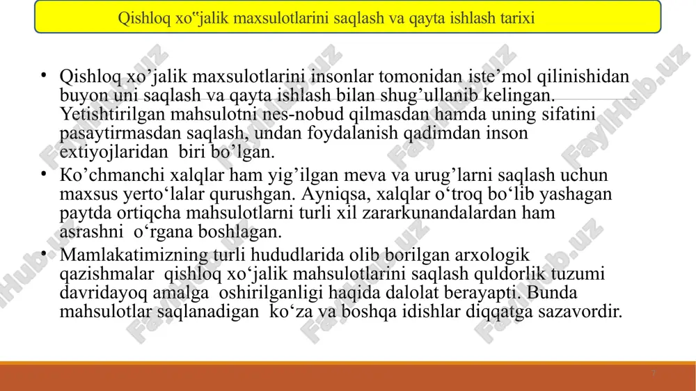 saqlash va qayta ishlashni tashkil qilmagan holda axolini yil bo’yi turli maxsulotlar bilan ta’minlash masalasini hal qilib bo’lmaydi. qishloq xo’jalik maxsulotlarini ishlab chiqish ko’paygani sari ularni saqlash va qayta ishlash ham takomillashtirilmoqda, yangi zamanoviy omborxonalar qurilmoqda. 9 vaqtincha to’kib qo’yish, saralash, quritish uchun bostirma va maydonchaga ega bo’lgan zamonaviy sabzavot ombori 11 mustaqil respublikamizda yildan-yilga sabzavot va mevalar yetishtirish ortib bormoqda. sabzavot va mevalarning sifati, bir tomondan, ularning turi va naviga bog’liq bo’lsa, ikkinchi tomondan ularni terish va uzish muddatlari hamda ularni saralash, tovar holatiga keltirish, joylash, tashish, saqlash usullariga to’liq rioya qilib borishga ham bog’liqdir. bu ishlar o’z vaqtida va a’lo bajarilganda mahsulotning sifati va ta’mi yanada ortadi. mahsulotlar saqlashning xalq xo’jaligidagi ahamiyati. sabzavot va mevalarni mahsulot yetishtirilgan xo’jalikning o’zida saqlansa, ular ancha uzoq muddat saqlanadi va chirib no’bud bo’lishi 15-20 foizga kamayadi. shuni ta’kidlash kerakki, xususan o’zbekiston sharoitida meva, sabzavot hosilini yig’ishtirish, transportda tashish va saqlash masalalari hali …