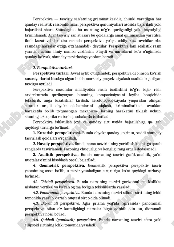 ar orasidagi masofalar bilan bog‘liqdir. demak, insonning ko'rish xususiyatini hisobga olgan holda markaziy proyeksiyalash usulida bajarilgan tasvir perspektiva deb ataladi. perspektiva — tasviriy san’atning grammatikasidir, chunki yaratilgan har qanday realistik rassomlik asari perspektiva qonuniyatlari asosida bajariladi yoki bajarilishi shart. shundagina bu asarning to‘g‘ri qurilganligi yoki hayotiyligi ta’minlanadi. agar tasviriy san’at asari bu qoidalarga amal qilinmasdan yaratilsa, ilmli kuzatuvchilar «bu rasmda perspektiva yo‘q», oddiy kuzatuvchilar «bu rasmdagi narsalar o‘ziga o‘xshamabdi» deydilar. perspektiva fani realistik rasm yaratish uchun ilmiy manba vazifasini o‘taydi va narsalarni ko‘z o‘ngimizda qanday ko'rsak, shunday tasvirlashga yordam beradi. 2. perspektiva turlari. perspektiva turlari. avval aytib o‘tilganidek, perspektiva deb inson ko‘rish xususiyatlarini hisobga olgan holda markaziy proyek- siyalash usulida bajarilgan tasvirga aytiladi. perspektiva rassomlar amaliyotida rasm tuzilishini to‘g‘ri baja- rish, arxitekturada qurilayotgan binoning kompozitsiyasini loyiha bosqichida tekshirib, unga tuzatishlar kiritish, aerofotogeodeziyada yuqoridan olingan suratlar orqali obyekt o‘lchamlarini aniqlash, kriminalistikada awaldan harakatda bo‘lib to‘qnashgan mexanizm- larning harakatini tiklash uchun, shuningdek, …