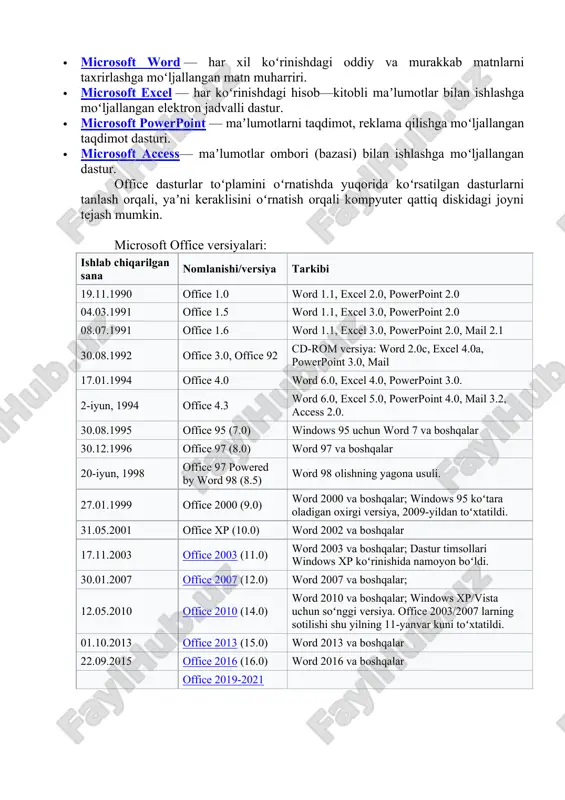 ndows-2002, windows nt, windows xp va hokazo. office dasturlar toʻplamini esa quyidagi versiyalari mavjud: office-95, office-96, office-97, office-2000, office-2002 va office xp. office-2003 dasturlar toʻplamini shaxsiy kompyuterga oʻrnatish uchun kompyuterda windows operatsion tizimi oʻrnatilgan boʻlishi, soʻng kompyuter operativ xotirasi kamida 8-16 mb boʻlishi va qattiq diskda kamida 250 mbdan 700 mbgacha (officedan foydalanish imkoniyatiga qarab) boʻsh joy boʻlishi lozim. microsoft offise dasturlari tarkibi microsoft office bir nechta xilda sotuvga chiqariladi. ularning farqi toʻplam tarkibi va narxida. office dasturlar toʻplamining nisbatan toʻliqroq variantiga quyidagi dasturlar kiradi: · microsoft word — har xil koʻrinishdagi oddiy va murakkab matnlarni taxrirlashga moʻljallangan matn muharriri. · microsoft excel — har koʻrinishdagi hisob—kitobli maʼlumotlar bilan ishlashga moʻljallangan elektron jadvalli dastur. · microsoft powerpoint — maʼlumotlarni taqdimot, reklama qilishga moʻljallangan taqdimot dasturi. · microsoft access— maʼlumotlar ombori (bazasi) bilan ishlashga moʻljallangan dastur. office dasturlar toʻplamini oʻrnatishda yuqorida koʻrsatilgan dasturlarni tanlash orqali, yaʼni keraklisini oʻrnatish orqali kompyuter qattiq …