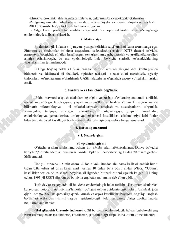 kasalligi bilan kasallanish xavfi omillariga ega bo‘lgan aholi kontingenti o‘rtasida o‘pkadan tashqari va o‘pka silini qiyosiy tashxislash metodlarini. -aholining sil kasalligiga nisbatan munosabati haqida ma’lumot berish bo‘yicha ishlar olib borish shakli, metodlari va tarkibini. -infeksiya o‘chog‘ida xavf omillarini va o‘choq darajasini. uash bilishi kerak: -xavfli omillarni hisobga olgan holda tibbiyot muassasalariga murojat etuvchi sil kaslligiga klinik skrining o‘tkazishni va sil kaslligiga shubha qilingan bemorlarni tekshirishni. - sil kaslligi bo‘yicha epidemiologik xolatning tahlilini o‘tkazishni, silga qarshi tadbirlar rejasini tuzishni, kogort tahlil olib borishni. -jsst tavsiyasiga asoslangan holda xkk10 bo‘yicha tashxisni asoslashni. -o‘pkadan tashkari va o‘pka sili simptomi, sindromli qiyosiy tashxisni o‘tkazishni. - sil infeksiya o‘chog‘ida profilaktik metodlarni o‘tkazishni. amaliy ko‘nikmaga ega bo‘lishlari kerak: -professional so‘rov, bemorni ko‘zdan kechirish, qarindoshlarini so‘rab- surishtirish. -klinik va bioximik tahlillar interperitatsiyasi, balg‘amni bakterioskopik tekshirishni. -rentgenogrammalar, tuberkulin sinamalari, vaksinatsiyalar va revaksinatsiyalarni baholash. -xkk10 tasnifsi bo‘yicha klinik tashxisni qo‘yishni. - silga karshi profilaktik uslublari - spetsifik. ximioprofilaktikalar va …