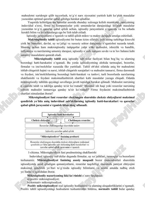 exnologiyalardan foydalanib, qaysi yo`l bilan ishlab chiqarilishi lozim? 3. kim uchun ishlab chiqarish, ya′ni tovarlar va xizmatlarning iste′molchilari kimlar? nimani, qanday qilib va kim uchun ishlab chiqarish masalasi jamiyat oldida turgan eng asosiy iqtisodiy muammolardan sanaladi. shundan kelib chiqqan holda iqtisodiyot faniga quyidagicha ta′rif berish mumkin. iqtisodiyot – bu jamiyat a′zolarining cheksiz ehtiyojlarini to`laroq qondirish maqsadida cheklangan va noyob resurslaridan foydalanib, nimani, qanday qilib va kim uchun ishlab chiqarish muammosini echish yo`llarini o`rgatadigan fandir. boshqacha qilib aytganda iqtisodiyot insoniyatning moddiy ehtiyojlarini maksimal darajada qondirishga erishish yo`lida cheklangan resurslardan samarali foydalanish masalalarini tadqiq etadigan fandir. kundalik hayotimizda har birimiz o`zimizning cheklangan vaqtimizdan samarali foydalanish, oylik maoshimizni oziq-ovqat, kiyim-kechak yoki maishiy texnikalar sotib olish uchun to`g`ri taqsimlash kabi o`nlab masalalar xususida qaror qabul qilishimizga to`g`ri keladi. xuddi shuningdek, tovarlar va xizmatlarni ishlab chiqarish bilan shug`ullanuvchi firmalar ham sarmoyani qaysi sohaga tikish, xom ashyo va asbob-uskunalarni qancha miqdorda va qaerdan xarid etish, qanday …