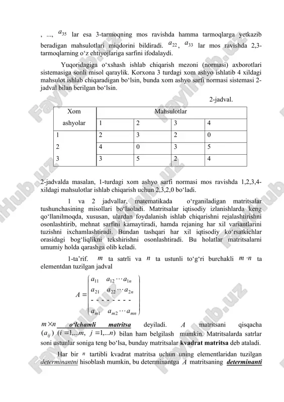 susan, ulardan foydalanish ishlab chiqarishni rejalashtirishni osonlashtirib, mehnat sarfini kamaytiradi, hamda rejaning har xil variantlarini tuzishni ixchamlashtiradi. bundan tashqari har xil iqtisodiy ko‘rsatkichlar orasidagi bog‘liqlikni tekshirishni osonlashtiradi. bu holatlar matritsalarni umumiy holda qarashga olib keladi. 1-ta’rif. ta satrli va ta ustunli to‘g‘ri burchakli ta elementdan tuzilgan jadval o‘lchamli matritsa deyiladi. matritsani qisqacha bilan ham belgilash mumkin. matritsalarda satrlar soni ustunlar soniga teng bo‘lsa, bunday matritsalar kvadrat matritsa deb ataladi. har bir tartibli kvadrat matritsa uchun uning elementlaridan tuzilgan determinantni hisoblash mumkin, bu determinantga matritsaning determinanti deyiladi va yoki bilan belgilanadi. bo‘lsa, matritsaga maxsus matritsa, bo‘lsa, maxsusmas matritsa deyiladi. kvadrat matritsaning elementlar joylashgan diagonali bosh diagonal, elementlari joylashgan diagonali yordamchi diagonal deyiladi. bosh diagonaldagi elementlar 0dan farqli boshqa barcha elementlari 0 ga teng kvadrat matritsa diagonal matritsa deyiladi.masalan, matritsa diagonal matritsadir. diagonaldagi barcha elementlari 1 ga teng diagonal matritsa birlik matritsa deyiladi va bilan belgilanadi. faqat bitta satrdan iborat matritsaga satr …