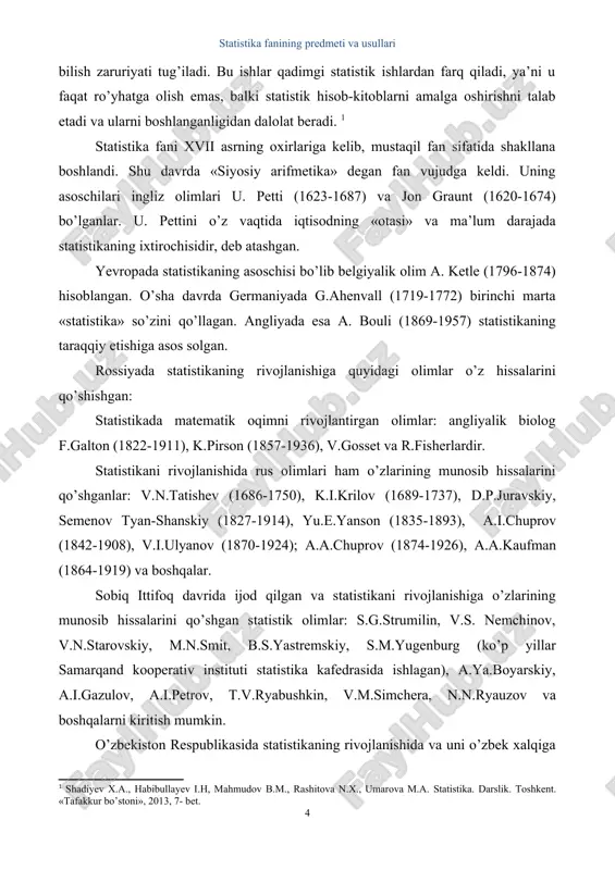 angliyalik biolog f.galton (1822-1911), k.pirson (1857-1936), v.gosset va r.fisherlardir. statistikani rivojlanishida rus olimlari ham o’zlarining munosib hissalarini qo’shganlar: v.n.tatishev (1686-1750), k.i.krilov (1689-1737), d.p.juravskiy, semenov tyan-shanskiy (1827-1914), yu.e.yanson (1835-1893), a.i.chuprov (1842-1908), v.i.ulyanov (1870-1924); a.a.chuprov (1874-1926), a.a.kaufman (1864-1919) va boshqalar. sobiq ittifoq davrida ijod qilgan va statistikani rivojlanishiga o’zlarining munosib hissalarini qo’shgan statistik olimlar: s.g.strumilin, v.s. nemchinov, v.n.starovskiy, m.n.smit, b.s.yastremskiy, s.m.yugenburg (ko’p yillar samarqand kooperativ instituti statistika kafedrasida ishlagan), a.ya.boyarskiy, a.i.gazulov, a.i.petrov, t.v.ryabushkin, v.m.simchera, n.n.ryauzov va boshqalarni kiritish mumkin. o’zbekiston respublikasida statistikaning rivojlanishida va uni o’zbek xalqiga o’rgatishda diqqatga sazovor ishlar qilingan. birinchi “statistika” kafedrasi 1932 yilda toshkent, keyinchalik samarqand va boshqa shaharlarda tashkil etilgan. hozirgi paytda deyarli hamma iqtisodiy institut va fakultetlarda statistika kafedralari mavjud. ularda o’zbek statistikasini yaratgan va yaratayotgan ajoyib olimlar faoliyat ko’rsatmoqda. o’zbekiston respublikasi mustaqillikka erishgandan so’ng, bu fanni o’zbekistonda rivojlantirishda professorlar n.soatov, e.akramov, i.ermatov, x.nabiyev, s.sirojiddinov, yo.abdullaev, r.alimov, m.hamroyev, x.shodiyev, a.ayubjanov, b.usmonov, a.nabixo’jayev, x.xujaqulov kabi olimlarning ham …