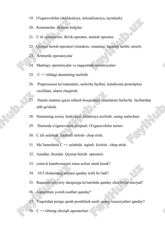 n ulash kerak? 34. 10/2 ifodasining natijasi qanday toifa bo’ladi? 35. raqamni ixtiyoriy darajasiga ko'tarishda qanday cheklovlar mavjud? 36. algoritmni yozish usullari qanday? 37. yuqoridan pastga qarab proektlash usuli: uning xususiyatlari qanday? 38. c ++ tilining chiziqli operatorlari. 39. c ++ tilining oddiy ma'lumotlar turlari. 40. c ++ tilidagi dasturning tuzilishi. 41. standart kutubxonalar va ularning aloqasi. 42. aniqlovchi, o'zgaruvchan, doimiy nima? 43. turlarning muvofiqligi nima? 44. aniq va yashirin turdagi toifani o’zgartirish 45. ma’lumotlarni hotiraga kiritish usullari