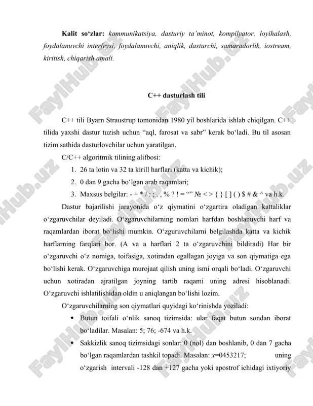 ri bor. (a va a harflari 2 ta o‘zgaruvchini bildiradi) har bir o‘zgaruvchi o‘z nomiga, toifasiga, xotiradan egallagan joyiga va son qiymatiga ega bo‘lishi kerak. o‘zgaruvchiga murojaat qilish uning ismi orqali bo‘ladi. o‘zgaruvchi uchun xotiradan ajratilgan joyning tartib raqami uning adresi hisoblanadi. o‘zgaruvchi ishlatilishidan oldin u aniqlangan bo‘lishi lozim. o‘zgaruvchilarning son qiymatlari quyidagi ko‘rinishda yoziladi: · butun toifali o‘nlik sanoq tizimsida: ular faqat butun sondan iborat bo‘ladilar. masalan: 5; 76; -674 va h.k. · sakkizlik sanoq tizimsidagi sonlar: 0 (nol) dan boshlanib, 0 dan 7 gacha bo‘lgan raqamlardan tashkil topadi. masalan: x=0453217; uning o‘zgarish intervali -128 dan +127 gacha yoki apostrof ichidagi ixtiyoriy 1ta simvol. xotiradan 1 bayt joy oladi. simvollar ascii kodlariga mos keladi. ( ascii – american standart code for information interchange) · butun toifali o‘zgaruvchilar: int. masalan: int a, i, j ; bu yerda dasturda ishlatilayotgan a, i, j o‘zgaruvchilarining toifasi butun ekanligi ko‘rsatildi. bu toifadagi o‘zgaruvchilar …
