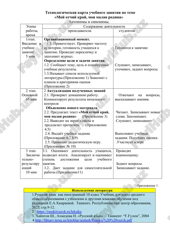 redelenie tseli i zadachi zanyatiya. 1.2. soobshaet temu, tsel i planiruemie uchebnie rezultati. 1.3.nazivaet spisok ispolzuemoy literaturi.(prilojenie 1) znakomit s planom i kriteriyami otsenok (prilojenie 2) gotovyatsya k zanyatiyu slushayut, zapisivayut, utochnyayut, zadayut voprosi. 2 etap. osnovnoy 65 min 2 aktualizatsiya poluchennix znaniy 2.1. proveryaet domashnyuyu rabotu. kommentiruet rezultati nachalnogo kontrolya ob'yasnenie novogo materiala 2.2. predlagaet tekst «moy otchiy kray, moya malaya rodina» (prilojenie 3) 2.2. vivodit na ekran slaydi i predlagaet prochitat. (prilojenie 4,5) 2.4. vidayot uchebnoe zadanie (prilojenie 6,7,8,9) 2.5. provodit didakticheskuyu igru. (prilojenie № 10) otvechayut na voprosi, viskazivayut mneniya. chitayut. zapisivayut novie slova. zapominayut. slushayut, zapisivayut vipolnyayut uchebnie zadaniya. poluchayut otsenki. .uchastvuet v igre 3 etap. zaklyuchitelno-rezultiruyushiy 10 min 3.1. otsenivaet deyatelnost uchashixsya, podvodit itogi. analiziruet i otsenivaet stepen dostijeniya tseli uchebnogo zanyatiya. 3.2.. daet zadanie dlya samostoyatelnoy raboti (prilojenie11) provodyat vzaimootsenku. zadayut voprosi. zapisivayut zadanie. prilojenie 1 ispolzuemaya literatura 1.russkiy yazik kak inostranniy 10 klass …
