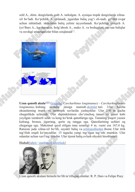 jabra-lilar, lamnosimonlar, katransimonlar, arraburunsimonlar, skvatinsimonlar), 20 oilani oʻz ichiga oladi. a. orol va kaspiy dengizidan boshqa hamma dengiz va okeanlarda, ayrim turlari chuchuk suv havzalari (gang va amazonka daryolari, nikaragua koʻli)da yashaydi. qora va uzoq sharq dengizlarida tikanli qora a., ya’ni katran, shimoliy va uzoq sharq dengizlarida seld a., shim. dengizlarda qutb a. tarkalgan. a. ayniqsa tropik dengizlarda xilma-xil boʻladi. koʻpchilik a. ovlanadi, jigaridan baliq yogʻi oli-nadi, goʻshti ovqat uchun ishlatiladi. skeletidan baliq yelimi tayyorlanadi. koʻpchiligi yirtqich a. (yoʻlbars a., kar-harodon, bolgʻabosh a., mako a. va boshqalar), aso-san baliqlar va suvdagi umurtqasizlar bilan oziqlanadi[1]. uzun qanotli akula[1] hyperlink "https://uz.wikipedia.org/wiki/uzun_qanotli_akula" \l "cite_note-%d0%b2-2" [2] (lotincha: carcharhinus longimanus) – carcharhiniformes longimanus, kulrang akulalar jinsiga mansub akulalar turi. ular barcha okeanlarning tropik va subtropik suvlarida yashaydilar. ular 230 m gacha chuqurlikda uchraydi. ular shpindelsimon choʻzinchoq tanasi va qanot kabi yoyilgan xarakterli uzun va keng koʻkrak qanotlariga ega. tananing yuqori yuzasi kulrang, bronza, jigarrang, qorin …