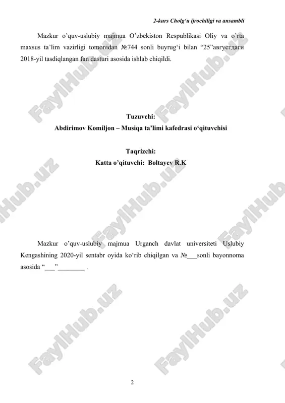 ulot: o‘zbek xalq kuyi “samoi dugoh”................. 58-60 7 – 8 mashg‘ulot: a. muhammedov “rohat”.............................. 61-62 9 – 10 mashg‘ulot: m. bafoev “poema”..................................... 63-64 11– 12 mashg‘ulot: m. oginskiy “polonez”............................... 65-67 13– 14 mashg‘ulot: narimanidze “davluriy”.............................. 68-74 15 –mashg‘ulot: s. gadjibekov “qo‘shiq va raqs”...................... 75-81 mustaqil ta’lim mashg‘ulotlari.................................................. 82-84 glossariy.................................................................................. 85-88 ilovalar..................................................................................... 89-135 1-2 amaliy mashg‘ulot: o‘zbek xalq kuyi “qashqarcha” o‘qituvchi va talabaning o‘zaro munosabati musiqa ijrochiligidan ta'lim berish o‘qituvchidan turli bilim, ko‘nikma va qobiliyat talab etadigan ishdir. o‘qituvchi uchun faqat sozanda bo‘lishning o‘zi etarli bo‘lmay, undan pedagogik fikrlash, o‘quvchining ichki dunyosiga ko‘ra bilish, uning individual xususiyatlarini hisobga olish kabi sifatlarga ega bo‘lish ham talab etiladi. cholg‘u ijrochiligidan ta'lim beradigan o‘qituvchi umumiy pedagogika va psixologiya sohalaridan ham xabardor bo‘lishi kerak. o‘quvchi o‘z o‘qituvchisini xaqqoniy va talabchan, kundalik xayot muommolarini to‘g‘ri hal qilishga o‘rgatuvchi shaxs sifatida tasavvur etadi. o‘quvchilar o‘qituvchidagi har bir noaniq harakatlarni o‘z vaqtida ilg‘ab oladilar. shu bilan birga ayrim …