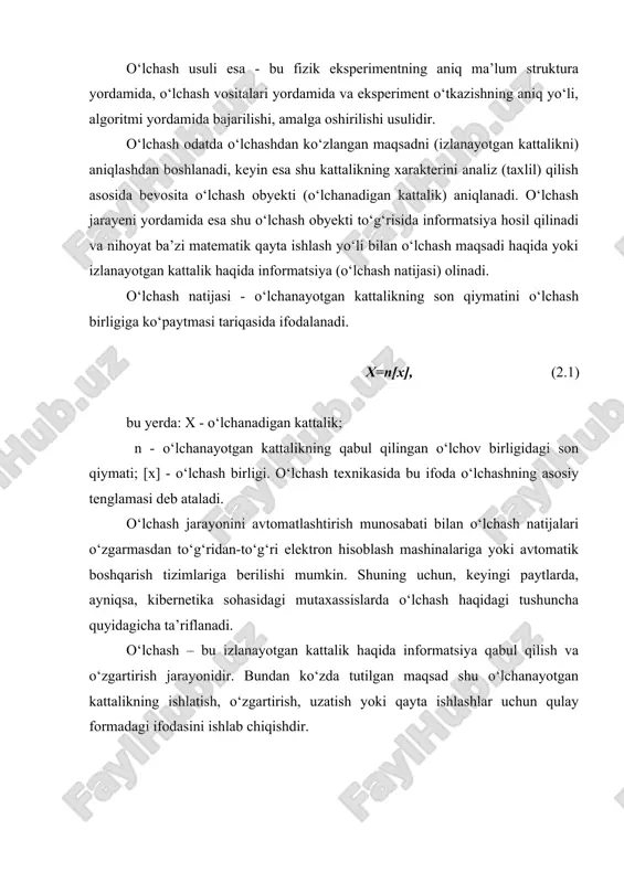 hning aniq yo‘li, algoritmi yordamida bajarilishi, amalga oshirilishi usulidir. o‘lchash odatda o‘lchashdan ko‘zlangan maqsadni (izlanayotgan kattalikni) aniqlashdan boshlanadi, keyin esa shu kattalikning xarakterini analiz (taxlil) qilish asosida bevosita o‘lchash obyekti (o‘lchanadigan kattalik) aniqlanadi. o‘lchash jarayeni yordamida esa shu o‘lchash obyekti to‘g‘risida informatsiya hosil qilinadi va nihoyat ba’zi matematik qayta ishlash yo‘li bilan o‘lchash maqsadi haqida yoki izlanayotgan kattalik haqida informatsiya (o‘lchash natijasi) olinadi. o‘lchash natijasi - o‘lchanayotgan kattalikning son qiymatini o‘lchash birligiga ko‘paytmasi tariqasida ifodalanadi. x=n[x], (2.1) bu yerda: x - o‘lchanadigan kattalik; n - o‘lchanayotgan kattalikning qabul qilingan o‘lchov birligidagi son qiymati; [x] - o‘lchash birligi. o‘lchash texnikasida bu ifoda o‘lchashning asosiy tenglamasi deb ataladi. o‘lchash jarayonini avtomatlashtirish munosabati bilan o‘lchash natijalari o‘zgarmasdan to‘g‘ridan-to‘g‘ri elektron hisoblash mashinalariga yoki avtomatik boshqarish tizimlariga berilishi mumkin. shuning uchun, keyingi paytlarda, ayniqsa, kibernetika sohasidagi mutaxassislarda o‘lchash haqidagi tushuncha quyidagicha ta’riflanadi. o‘lchash – bu izlanayotgan kattalik haqida informatsiya qabul qilish va o‘zgartirish jarayonidir. bundan …