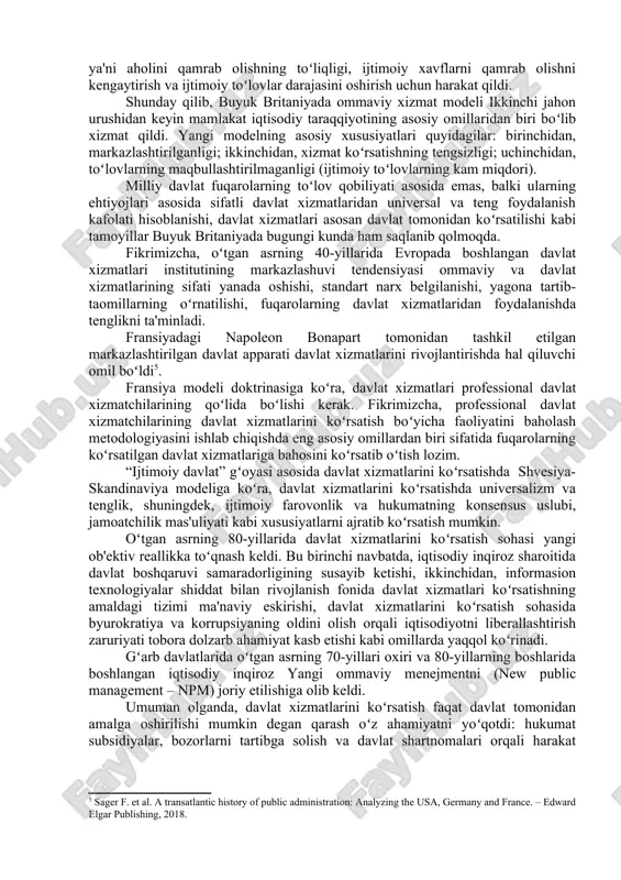 oʻrtalariga kelib buyuk britaniyada davlat xizmatlari tizimida markazlashtirishga yoʻnaltirilgan keskin islohot amalga oshirildi. mazkur tarixiy voqea aholiga davlat xizmatlarini koʻrsatishdagi muammolar britaniyalik tadqiqotchi a.beveridjning 1942 yildagi mashhur ma'ruzasida juda keskin tanqid qilindi. beveridj ma'ruzasi davlat xizmatlarini koʻrsatishdagi tengsizlikka qarshi kurashda muhim qadam hisoblanib, ijtimoiy sugʻurta tizimini takomillashtirish, ya'ni aholini qamrab olishning toʻliqligi, ijtimoiy xavflarni qamrab olishni kengaytirish va ijtimoiy toʻlovlar darajasini oshirish uchun harakat qildi. shunday qilib, buyuk britaniyada ommaviy xizmat modeli ikkinchi jahon urushidan keyin mamlakat iqtisodiy taraqqiyotining asosiy omillaridan biri boʻlib xizmat qildi. yangi modelning asosiy xususiyatlari quyidagilar: birinchidan, markazlashtirilganligi; ikkinchidan, xizmat koʻrsatishning tengsizligi; uchinchidan, toʻlovlarning maqbullashtirilmaganligi (ijtimoiy toʻlovlarning kam miqdori). milliy davlat fuqarolarning toʻlov qobiliyati asosida emas, balki ularning ehtiyojlari asosida sifatli davlat xizmatlaridan universal va teng foydalanish kafolati hisoblanishi, davlat xizmatlari asosan davlat tomonidan koʻrsatilishi kabi tamoyillar buyuk britaniyada bugungi kunda ham saqlanib qolmoqda. fikrimizcha, oʻtgan asrning 40-yillarida evropada boshlangan davlat xizmatlari institutining markazlashuvi tendensiyasi ommaviy …