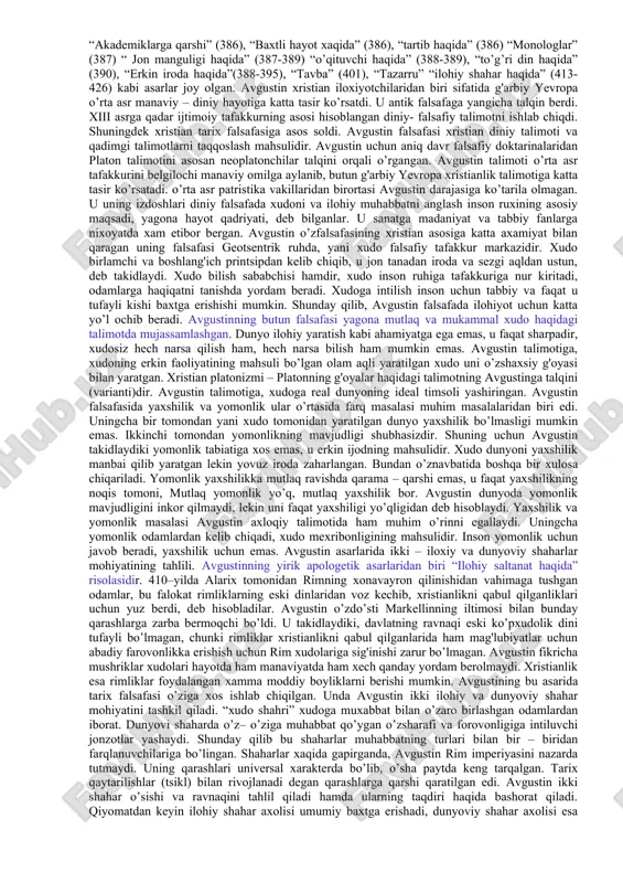 ullarini qo’lladilar. sharqdan kelgan dinlarning tarqalishi imperiyaning o’zida turli bidatchi diniy yo’nalishlarning faoliyat ko’rsatishi manaviy va mafkuraviy vaziyatni yanada murakkablashtirdi. mana shunday sharoitda xristianlik inson va jamiyatni manaviy poklikka, ruhiy kamolotga olib boradigan talimot ekanligini asoslash shu talimotni ximoya qilish, yani apologik (yun. orologia – biron narsani yoki kimsani himoya qilish) tadbir ko’rish ehtiyoji tug'ildi. ii va iii asrda xristianlik tarixida apologetika yoki apologetlar davri vujudga keldi. apologetika so’zining lug'aviy manosi himoya qiluvchi demakdir. yani xristian diniy aqidalarini turli xujumlardan himoya qilishdir. apologetlar davlatining xristianlikka nisbatan dushmanligini bartaraf qilishga intilishi bilan birgalikda o’zlarining asarida xristianlik talimotini asrashga qolaversa, rim saltanatini oqlab bo’lmasligini ko’rsatishga harakat qildilar. afinada misrlik oilada tug'ilgan kliment xristian falsafasini ishlab chiqishga harakat qilgan apologetlardan biridir. u platonizm va stoitsizmni chuqur o’rgangan, xristianlikni qabul qilganidan keyin ham falsafaga nisbatan hurmatini saqlagan. uning fikricha yunon falsafasini xristianlik bilan shunday sog'lomlashtirish kerakki, undaki har bir odam xristian falsafasini qimmatini ko’ra …