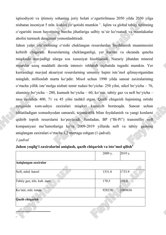 iyojlarni qondirish uchun sezilarli miqdordagi uglevodordlarni talab etuvchi jahon iqtisodiyoti va ijtimoiy sohaning joriy holati o‘zgartirilmasa 2050 yilda 2030 yilga nisbatan insoniyat 5 mln. kishini yo‘qotishi mumkin . iqlim va global tabiiy tizimning o‘zgarishi inson hayotining barcha jihatlariga salbiy ta’sir ko‘rsatadi va mamlakatlar aholisi turmush darajasini yomonlashtiradi. jahon yalpi iste’molining o‘sishi cheklangan resurslardan foydalanish muammosini keltirib chiqaradi. resurslarning cheklanganligi, yer kurrasi va okeanda qancha miqdorda mavjudligi ularga xos xususiyat hisoblanadi. nazariy jihatdan mineral resurslar uzoq muddatli davrda intensiv ishlatish oqibatida tugashi mumkin. yer kurrasidagi mavjud aksariyat resurslarning umumiy hajmi iste’mol qilinayotganidan minglab, millionlab marta ko‘pdir. misol uchun 1990 yilda sanoat zaxiralarining o‘rtacha yillik iste’molga nisbati temir rudasi bo‘yicha- 250 yilni, nikel bo‘yicha – 76, aluminiy bo‘yicha – 280, kumush bo‘yicha – 60, ko‘mir, tabiiy gaz va neft bo‘yicha – mos ravishda 400, 71 va 45 yilni tashkil etgan. qazib chiqarish hajmining ortishi natijasida xom-ashyo zaxiralari miqdori kamayib bormoqda. sanoat uchun …