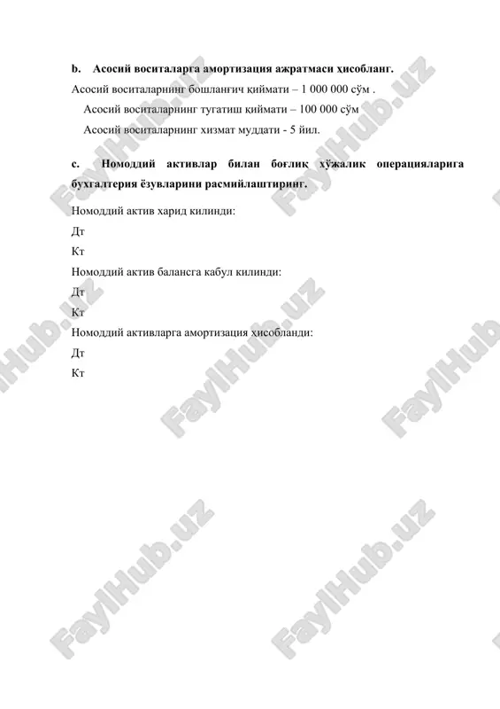 ishlab chiqarishda foydalanilayotgan nomoddiy aktivlarga eskirish hisoblandi. a. dt 9420 kt 0130 b. dt 2010 kt 0510 c. dt 0130 kt 0230 d. dt 9420 kt 0590 answer: b 7. gudvill nima? a. korxonani butunligicha sotib olish qiymatining uni alohida sotib olinadigan barcha aktivlari bozor qiymatidan oshgan qismi. b. ma’lum formula, texnologiya yoki tashki ko‘rinishdan foydalanish uchun mutlaq huquq c. inson salohiyatini, ko‘nikmalarini va ishlab chiqarish tajribasini oshirishga, shuningdek nomoddiy ne’matlarning boshqa shakllarini rivojlantirishga kiritiladigan investitsiya d. buxgalteriya hisobini o‘rganish usulianswer answer: a 8. nomoddiy aktivlarga amortizatsiya hisoblash usullari: a. doimiy, o‘zgaruvchan, marjinal xarajatlar b. nomoddiy aktivlarga amortizatsiya ajratilmaydi c. joriy, nominal, balans, qoldiq qiymat d. to‘g‘ri chiziqli, ishlab chiqarish, jadallashtirilgan amaortizatsiya hisoblash, kumulyativ usullar n answer: d wer 9. asosiy vositalarni sotishdan ko’rilgan foyda aks ettiriladi…? a. asosiy ishlab chiqarishning boshqa daromadlari b. material zaxirasining ko’payishida c. debitor qarzning kamayishida d. moliyaviy faoliyatdan daromadda answer: a answer: s 10. …
