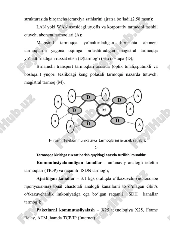 tilgan raqamli kanallar asosida quriladi. kirishga ruxsat berish va magistral tarmogʻi transport (tayanch ) tizimini tashkil etadi,vazifassi ma’lumotlarni tez va ishonchli yyetkazish. ajratilgan kanallar asosida tuzilgan transport tizimlarini 2 sinfga boʻlsa boʻladi: analogli (nosiklli) tarmoqlar; raqamli (tsiklli) tarmoqlar. analogli transportli tizimlar asosan mavjud boʻdgan telefon kanallari asosida amalga oshiriladi. raqamli transportli tizimlar quyidagi texnologiyalar asosida tuzilishi mumkin: plezioxronnli (pdh); sinxronli (sdh); asinxronli (atm). 2.telefon tarmoqlari asosida ma’lumotlarni uzatish telefon tarmogʻi turli sathdagi telefon stantsiyalarini birlashtiradi-qishloq,shahar,xalqoro va boshq. ats - avtomatik telefon stantsiya,uning asosiy vazifasi nutqlar oqimi (telefonli) ma’lumotlarini kommutasiyalash.umuman olganda ats kenglikdagi kommutator deb qarash mumkin. evolyusiya jarayonida ats elektromexanik stantsiyalardan to programmali boshqariladigan zamonaviy stantsiyalargacha boʻlgan yoʻlni bosib oʻtdi (2-rasm.). 2-rasm. ats turlari elektromexanik ats ikkita turdagi stantsiyalari dekadli-qadamlovchi ats, ularda kommutasion element sifatida dekadali qadamlab izlavchi foydolaniladi –10 ta kontaktlar yigʻindisidan tashkil topgan elektromexanik qurilma.kontaktlar begunok berilgan elektrik impulslar orqali ulanadi va elektrik zanjirni tashkil etadi, (8.3-rasm). bitta …