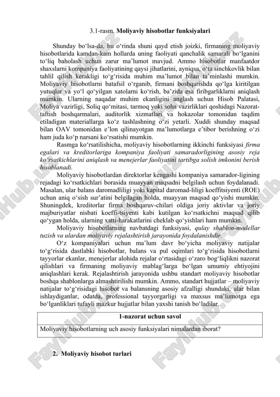 ilinayotgan ma’lumotlarga e’tibor berishning o‘zi ham juda ko‘p narsani ko‘rsatishi mumkin. rasmga ko‘rsatilishicha, moliyaviy hisobotlarning ikkinchi funksiyasi firma egalari va kreditorlariga kompaniya faoliyati samaradorligining asosiy reja ko‘rsatkichlarini aniqlash va menejerlar faoliyatini tartibga solish imkonini berish hisoblanadi. moliyaviy hisobotlardan direktorlar kengashi kompaniya samarador-ligining rejadagi ko‘rsatkichlari borasida muayyan maqsadni belgilash uchun foydalanadi. masalan, ular balans daromadliligi yoki kapital daromad-liligi koeffitsiyenti (roe) uchun aniq o‘sish sur’atini belgilagan holda, muayyan maqsad qo‘yishi mumkin. shuningdek, kreditorlar firma boshqaruv-chilari oldiga joriy aktivlar va joriy majburiyatlar nisbati koeffi-tsiyenti kabi kutilgan ko‘rsatkichni maqsad qilib qo‘ygan holda, ularning xatti-harakatlarini cheklab qo‘yishlari ham mumkin. moliyaviy hisobotlarning navbatdagi funksiyasi, qulay shablon-modellar tuzish va ulardan moliyaviy rejalashtirish jarayonida foydalanishdir. o‘z kompaniyalari uchun ma’lum davr bo‘yicha moliyaviy natijalar to‘g‘risida dastlabki hisobotlar, balans va pul oqimlari to‘g‘risida hisobotlarni tayyorlar ekanlar, menejerlar alohida rejalar o‘rtasidagi o‘zaro bog‘liqlikni nazorat qilishlari va firmaning moliyaviy mablag‘larga bo‘lgan umumiy ehtiyojini aniqlashlari kerak. rejalashtirish jarayonida ushbu standart moliyaviy hisobotlar boshqa …