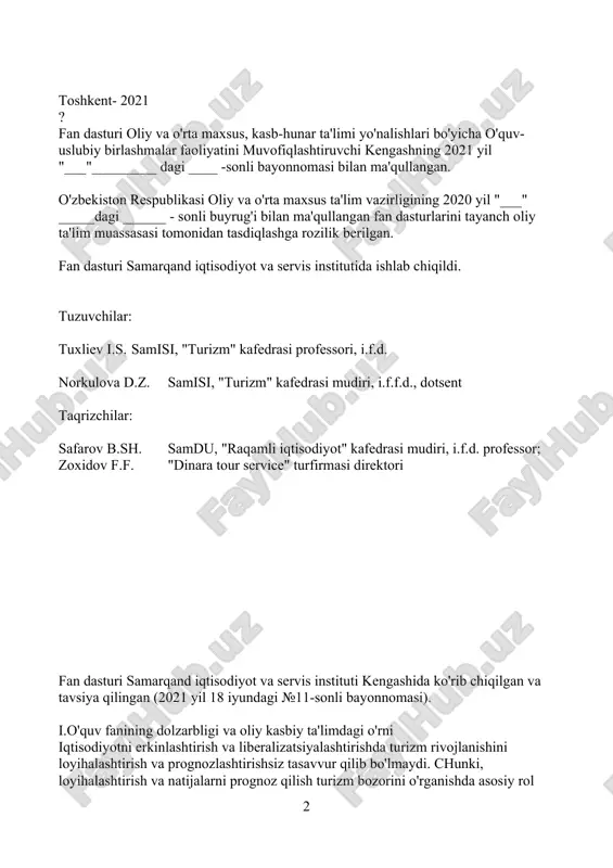 xshi yo'lga qo'yilmagan. hozirda turizm ijtimoiy muammolarni hal qiladigan, yangi texnologiyalarni kiritadigan eng kuchli omillardan biri hisoblanadi. hozirgi kunda respublikamizda hukumat e'tibori doirasida bir nechta hududlarda maxsus turistik rekrasion turdagi iqtisodiy zonalarni barpo qilish rejalashtirilgan va amalga tadbiq qilingan. masalan, mamlakatimizning hozirgi ekologik iqtisodiy rayonlari tizimi asosan o'zbekistonning iqtisodiy rayonlari tizimiga mos keladi. bu faqat tarixiy - madaniy turizmni emas, balki ekologik turizm rivojlanishiga, nafaqat ekoturizmning sog'lomlashtiruvchi va ekzotik turlarning rivojlanishiga ham zamin yaratadi. prezidentimiz ma'ruzalarida keltirilgan ma'lumotlar, qoidalar va xulosalarni puxta o'zlashtirishlari, kelgusi faoliyatida samarali foydalanishlari hamda ijodiy yondashishlarini ta'minlash fanni o'rganish oldida turgan asosiy vazifalaridan biri bo'lib hisoblanadi. turizm sohasida islohotlarni va modernizatsiyalashni yanada chuqurlashtirish, uning ko'lamini kengaytirish bilan bog'liq masalalarning nazariy va amaliy tomonlarini o'rganishda "turizmda loyihalashtirish va prognozlashtirish" fani alohida o'rin tutadi. ii. o'quv fanining maqsadi va vazifalari "turizmda loyihalashtirish va prognozlashtirish" fanining asosiy maqsadi loyihalashtirish texnologiyasini o'zlashtirgan holda turistik hududni, turistlar tashrifini, turmahsulot va xizmatlar …