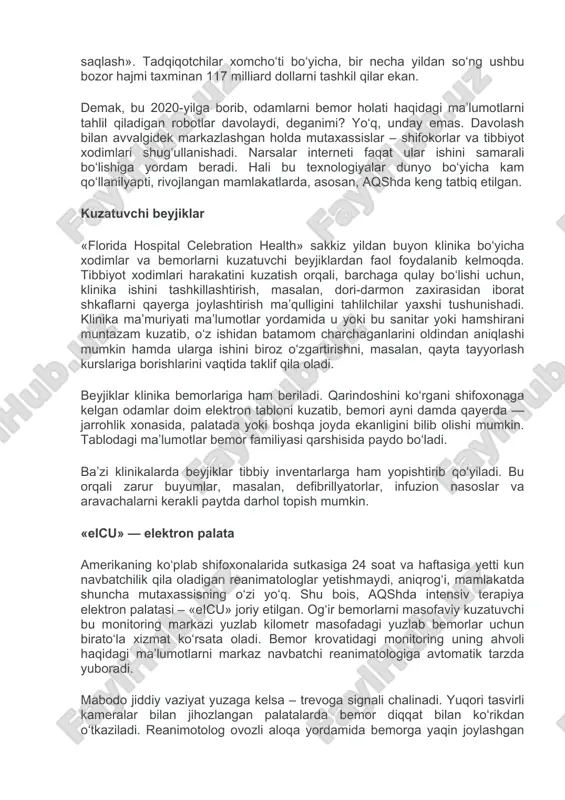 mutaxassislar – shifokorlar va tibbiyot xodimlari shug‘ullanishadi. narsalar interneti faqat ular ishini samarali bo‘lishiga yordam beradi. hali bu texnologiyalar dunyo bo‘yicha kam qo‘llanilyapti, rivojlangan mamlakatlarda, asosan, aqshda keng tatbiq etilgan. kuzatuvchi beyjiklar «florida hospital celebration health» sakkiz yildan buyon klinika bo‘yicha xodimlar va bemorlarni kuzatuvchi beyjiklardan faol foydalanib kelmoqda. tibbiyot xodimlari harakatini kuzatish orqali, barchaga qulay bo‘lishi uchun, klinika ishini tashkillashtirish, masalan, dori-darmon zaxirasidan iborat shkaflarni qayerga joylashtirish ma’qulligini tahlilchilar yaxshi tushunishadi. klinika ma’muriyati ma’lumotlar yordamida u yoki bu sanitar yoki hamshirani muntazam kuzatib, o‘z ishidan batamom charchaganlarini oldindan aniqlashi mumkin hamda ularga ishini biroz o‘zgartirishni, masalan, qayta tayyorlash kurslariga borishlarini vaqtida taklif qila oladi. beyjiklar klinika bemorlariga ham beriladi. qarindoshini ko‘rgani shifoxonaga kelgan odamlar doim elektron tabloni kuzatib, bemori ayni damda qayerda — jarrohlik xonasida, palatada yoki boshqa joyda ekanligini bilib olishi mumkin. tablodagi ma’lumotlar bemor familiyasi qarshisida paydo bo‘ladi. ba’zi klinikalarda beyjiklar tibbiy inventarlarga ham yopishtirib qo‘yiladi. bu …