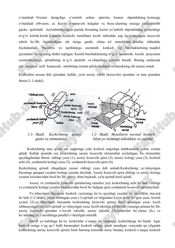 agi frezerlarshakli: a) o`tkircharxlangantishli, b) zatilovanniy.frezaning asosiyburchaklari.frezalashning asosiy turlari: a) silindrsimon; b) uchli. ishlov berilayotgan yuzaga nisbatan frezaning joylashishiga qarab frezalar silindrik va uchlilarga bo‘linadi freza o‘rnatish. frezani o‘rnatish usuli avvalambor uning shakli va o‘lchamiga bog‘liq . nasadkali frezalar opravkaga joylashtiriladi, uchli frezalar esa bevosita shpindelning konus teshigiga, silindrsimon xvostovikli frezalar patron yordamida shpindelning konus teshigiga o‘rnatiladi. frezani dastgohga o‘rnatish uchun opravka konusi shpindelning konusiga o‘rnatiladi (40-rasm, a). keyin o‘rnatuvchi halqalar va freza ularning orasiga joylashtirilib gayka qotiriladi. joylashtirilayotgan paytda frezaning kesim yo‘nalishi shpindelning aylanishiga to‘g‘ri kelishi kerak.tokarlik keskichi metallarni kesib ishlashda eng ko`p tarqalgan kesuvchi asbob bo`lib, bajariladigan ish turiga qarab, xilma -xil stanoklarda detallar ishlashda foydalaniladi. nazariya va tajribalarga asoslanib, keskich tig`i burchaklarining maqbul qiymatlari va tig`ining shakli topilgan. kesish burchaklarining to`g`ri tanlanishi kesish jarayonini osonlashtirishga, qirindining to`g`ri ajralishi va chiqishiga yordam beradi. buning natijasida esa energiya sarfi kamayadi, asbobning xizmat qilish muddati va stanokning ish unumi ortadi. …