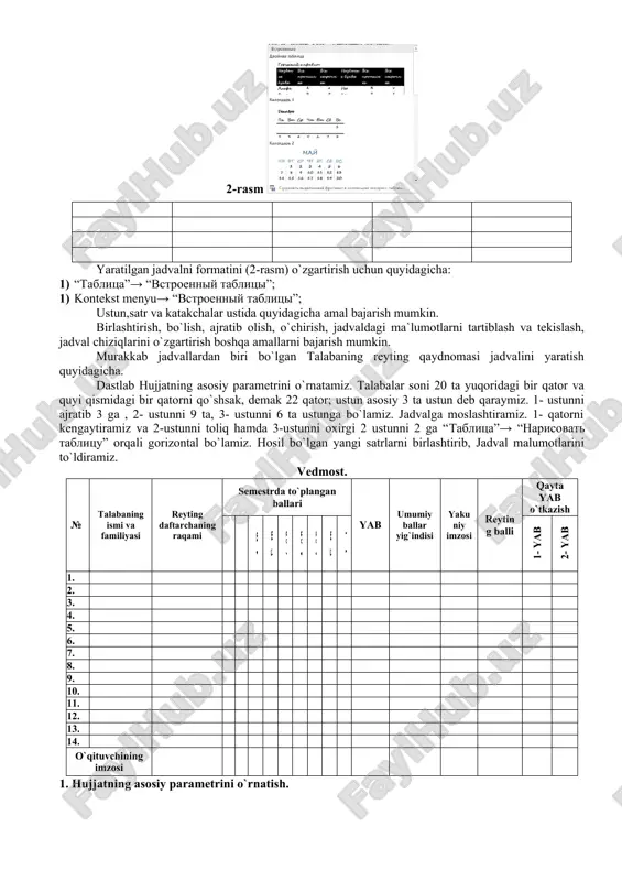 ng imzosi 1. hujjatning asosiy parametrini o`rnatish. hujjatning asosiy parametrini o`rnatish uchun fayl→ parametri stranitsi.. buyrug`i tanlash yoki lineykani faol bo`lmagan qismiga sichqonchani chaptugmasini tez 2 marta ketma-ket bosilsa quyidagi dialog oyna paydo bo`ladi. bu dialog oynalar yordamida sahifa o`lchamlari, orientatsiyasi, qog`oz formati, sahifani bo`lish kabi amallar bajarish mumkin. laboratoriya ishlarini o’tkazish qoidalari va xavfsizlik choralari. berilgan nazariy ma’lumot bilan tanishib chiqiladi va topshiriqlar variantlari ketma-ket bajariladi va natijalar olinadi. kompyuter xonasida xavfsizlik texnikasi qoidalari va sanitariya – gigiyena talablariga amal qilinadi. topshiriqlar variantlari (masala, misol, keyslar). 1. oylik ish haqini ifodolovchi diagrammani joylashtiring. 2. barcha joylashtirilgan va chizilgan grafiklarga nomlang. 3. hujjatga 4x3 bo`lgan jadval yarating. 4. jadvalga 2 ta ustun qo`shing. 5. jadval yuqorisidan 2 ta satr qo`shing. 6. 1-chi ustunni 2 ta katagini birlashtirib, 4 ta satrga bo`ling. 7. jadvalga turli grafiklarni joylashtiring. 8. jadval formatini o`zgartiring. 9. jadvaldagi ma`lumotlarni tekislang. 10. jadvaldagi ma`lumotlarni tartiblang. 11. jadval …