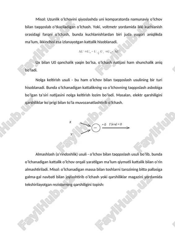 lchovning taqqoslash asbobiga bo‘lgan ta’siri natijasini nolga keltirish lozim bo‘ladi. masalan, elektr qarshiligini qarshiliklar ko‘prigi bilan to‘la muvozanatlashtirib o‘lchash. shape \* mergeformat almashlash (o‘rindoshlik) usuli - o‘lchov bilan taqqoslash usuli bo‘lib, bunda o‘lchanadigan kattalik o‘lchov orqali yaratilgan ma’lum qiymatli kattalik bilan o‘rin almashtiriladi. misol: o‘lchanadigan massa bilan toshlarni tarozining bitta pallasiga galma-gal navbati bilan joylashtirib o‘lchash yoki qarshiliklar magazini yordamida tekshirilayotgan rezistorning qarshiligini topish: shape \* mergeformat bunda kalit “k” ni ikkala holatda (1,2) qo‘yganda (1=(2 shart bajarilishi kerak. i1 = u / r0 ( (1 i2 = u / rx ( (2 mos kelish usuli - o‘lchov bilan taqqoslash usulining turi. o‘lchanadigan kattalik bilan o‘lchov orqali yaratilgan kattalikning ayirmasini shkaladagi belgilar yoki davriy signallarni mos keltirish orqali o‘tkaziladigan o‘lchash. masalan, kalibr yordamida val diametrini moslash, uzunlikni shtangensirkul yordamida o‘lchash, jismning aylanishi chastotasini stroboskop yordamida o‘lchash. har bir tanlangan usul o‘z usuliyatiga, ya’ni o‘lchashni bajarish usuliyatiga ega bo‘lishi lozim. o‘lchashni …