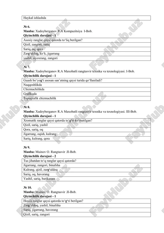 , sariq, barikaram № 10. manba: muinov o. rangtasvir .ii-bob. qiyinchilik darajasi - 1 hosila ranglar qaysi qatorda to‘g‘ri berilgan? zarg‘aldoq, yashil, binafsha sariq, jigarrang, havorang qizil, sariq, zangori oq, qirmizi, qora № 11. manba: xudoyberganov r.a maxobatli rangtasvir texnika va texnologiyasi. i-bob. qiyinchilik darajasi - 1 qizil va zangori bo‘yoqlar aralashmasidan qanday rang hosil bo‘ladi? kulrang qora yashil havorang № 12. manba: xudoyberganov r.a maxobatli rangtasvir texnika va texnologiyasi. i-bob. qiyinchilik darajasi - 2 “tong”, “onalik” asarining muallifi kim? r. ahmedov a. abdullaev b. jalolov r. choriev № 13. manba: xudoyberganov r.a maxobatli rangtasvir texnika va texnologiyasi. iii-bob. qiyinchilik darajasi - 1 yashil rang qaysi bo‘yoqlar aralashmasidan hosil bo‘ladi? zangori va sariq zangori va binafsha qizil va sariq zangori va pushti № 14. manba: xudoyberganov r.a kompazitsiya . i-bob qiyinchilik darajasi - 2 “issiqko‘lda oqshom” asarining muallifi kim? o‘. tansiqboev r. ahmedov g. abdurahmanov j. umarbekov № 15. manba: …
