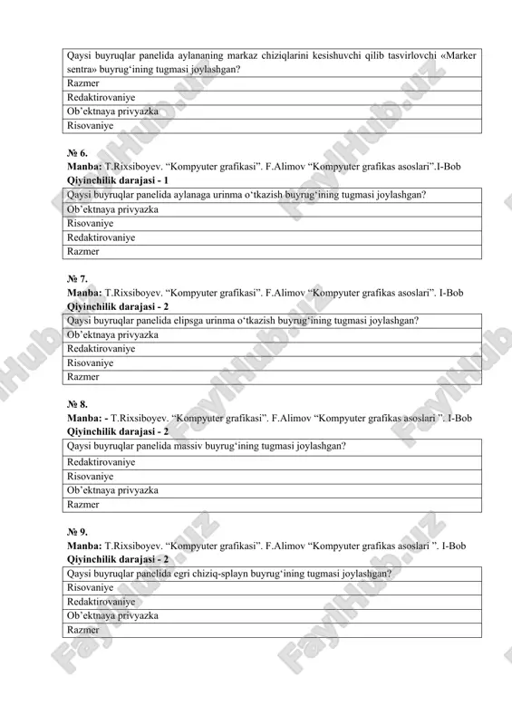 -bob qiyinchilik darajasi - 1 qaysi buyruqlar panelida aylanaga urinma o‘tkazish buyrug‘ining tugmasi joylashgan? ob’ektnaya privyazka risovaniye redaktirovaniye razmer № 7. manba: t.rixsiboyev. “kompyuter grafikasi”. f.alimov “kompyuter grafikas asoslari”. i-bob qiyinchilik darajasi - 2 qaysi buyruqlar panelida elipsga urinma o‘tkazish buyrug‘ining tugmasi joylashgan? ob’ektnaya privyazka redaktirovaniye risovaniye razmer № 8. manba: - t.rixsiboyev. “kompyuter grafikasi”. f.alimov “kompyuter grafikas asoslari ”. i-bob qiyinchilik darajasi - 2 qaysi buyruqlar panelida massiv buyrug‘ining tugmasi joylashgan? redaktirovaniye risovaniye ob’ektnaya privyazka razmer № 9. manba: t.rixsiboyev. “kompyuter grafikasi”. f.alimov “kompyuter grafikas asoslari ”. i-bob qiyinchilik darajasi - 2 qaysi buyruqlar panelida egri chiziq-splayn buyrug‘ining tugmasi joylashgan? risovaniye redaktirovaniye ob’ektnaya privyazka razmer № 10. manba: t.rixsiboyev. “kompyuter grafikasi”. f.alimov “kompyuter grafikas asoslari ”. i-bob qiyinchilik darajasi - 1 qaysi buyruqlar panelida aylana kvadrantlariga bog‘lanish buyrug‘ining tugmasi joylashgan? ob’ektnaya privyazka redaktirovaniye vid razmer № 11. manba: t.rixsiboyev. “kompyuter grafikasi”. f.alimov “kompyuter grafikas asoslari”.i-bob qiyinchilik darajasi - 1 …