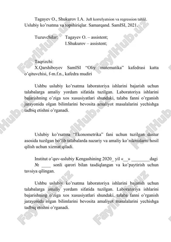 chining daromadi ortib borishi natijasida uning tovar va xizmatlarga bo‘lgan talabi oshadi. bu bog‘lanishda talabning ortishi natijaviy belgi, unga ta’sir etuvchi omil, ya’ni daromad esa omil belgidir. omillarning har bir qiymatiga turli sharoitlarida natijaviy belgining har xil qiymatlari mos keladigan bog‘lanish korrelyatsion bog‘lanish yoki munosabat deyiladi. korrelyatsion bog‘lanishning harakterli xususiyati shundan iboratki, bunda omillarning to‘liq soni noma’lumdir. shuning uchun bunday bog‘lanishlar to‘liqsiz hisoblanadi va ularni formulalar orqali taqriban ifodalash mumkin, xolos. juft korrelyatsion-regression tahlil korrelyatsiya so‘zi lotincha correlation so‘zidan olingan bo‘lib, o‘zaro munosabat, muvofiqlik, bog‘liqlik degan ma’noga ega. ikki hodisa yoki omil va natijaviy belgilar orasidagi bog‘lanish juft korrelyatsiya deb ataladi. korrelyatsion bog‘lanishga misol qaraylik, y ishlab chiqarishda sifatli mahsulotlar soni, x esa eng sifatli xom-ashyo miqdori bo’lsin. ishlab chiqaradigan mahsulatlari bir xil bo’lgan bir nechta sanoat korxonalariga teng miqdorda sifatli xom-ashyolar berilganda, barcha korxonadan bir xil miqdordagi sifatli maxsulotlar olinmaydi. lekin, ulardan olinadigan mahsulotning o’rtachasi xom-ashyoning funksiyasi bo’ladi, ya’ni …