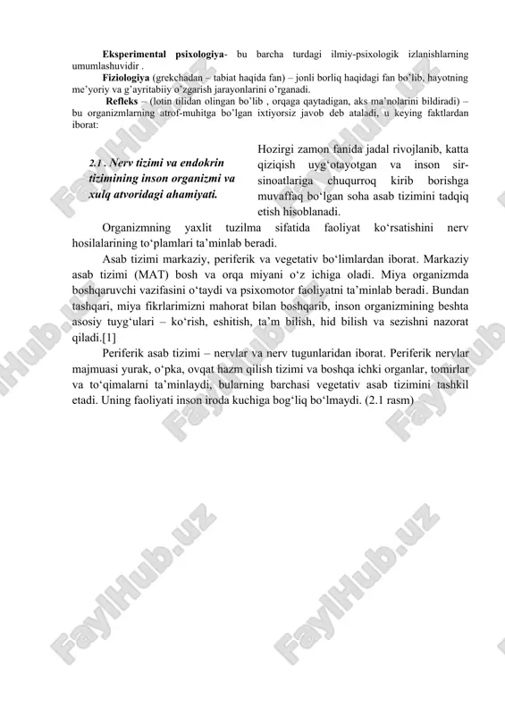 y yetilish davrida tashqi jinsiy belgilarning rivojlanishi tezlashishi kuzatiladi shartsiz reflekslar – organizmning muhim hayotiy ta’sirlovchi omillar (ozuqa, xavf va shunga o‘xshashlar)ga nisbatan tug‘ma reaksiyasi. shartli reflekslar – bu organizmning shunday reksiyalaridirki, ular tug‘ma bo‘lmasdan, hayotiy sharoitlarda orttiriladi. retseptorlar – hissiy yoki sensor hujayralar bo‘lib, ular, ya’ni, bu ta’sirlanish, ichki yoki tashqi ta’sirlanish bo‘lishidan qat’iy nazar, u haqidagi axborotni qabul qilgandan so‘ng, o‘zgartirib, asab tizimiga etkazib beruvchi maxsus tuzilmalardir. ruh – falsafa va din borasidagi chuqur tushuncha. ko’plab falsofa va diniy yo’nalishlarda, inson ruhi-o’lmas, mavhum deb hisoblangan, uning asosiy xususiyatlari his- tuyg’u, tafakkur ong, kechinma va irodadan iboratdir. eksperimental psixologiya- bu barcha turdagi ilmiy-psixologik izlanishlarning umumlashuvidir . fiziologiya (grekchadan – tabiat haqida fan) – jonli borliq haqidagi fan bo’lib, hayotning me’yoriy va g’ayritabiiy o’zgarish jarayonlarini o’rganadi. refleks – (lotin tilidan olingan bo’lib , orqaga qaytadigan, aks ma’nolarini bildiradi) – bu organizmlarning atrof-muhitga bo’lgan ixtiyorsiz javob deb ataladi, u keying faktlardan …