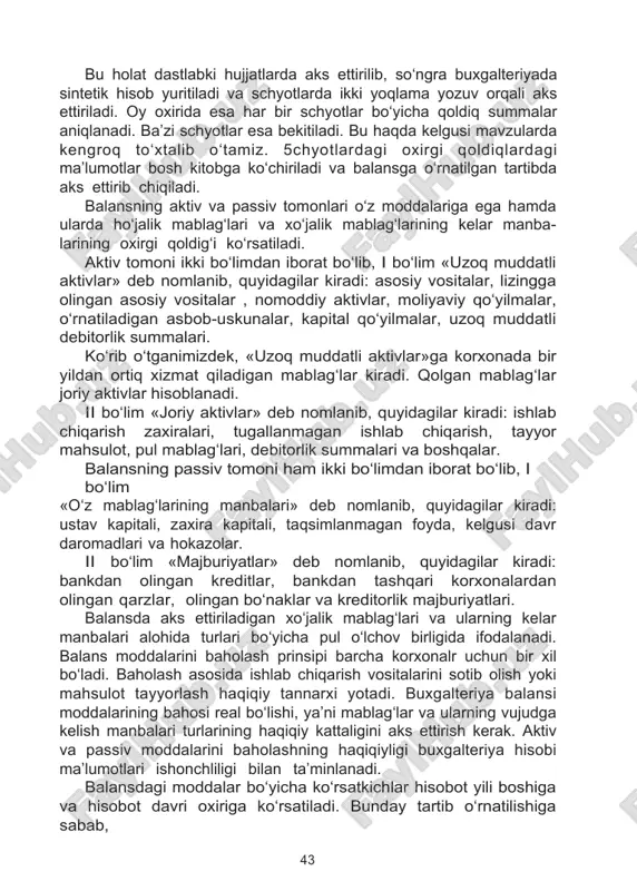 zuv orqali aks ettiriladi. oy oxirida esa har bir schyotlar bo‘yicha qoldiq summalar aniqlanadi. ba’zi schyotlar esa bekitiladi. bu haqda kelgusi mavzularda kengroq to‘xtalib o‘tamiz. 5chyotlardagi oxirgi qoldiqlardagi ma’lumotlar bosh kitobga ko‘chiriladi va balansga o‘rnatilgan tartibda aks ettirib chiqiladi. balansning aktiv va passiv tomonlari o‘z moddalariga ega hamda ularda ho‘jalik mablag‘lari va xo‘jalik mablag‘larining kelar manba- larining oxirgi qoldig‘i ko‘rsatiladi. aktiv tomoni ikki bo‘limdan iborat bo‘lib, i bo‘lim «uzoq muddatli aktivlar» deb nomlanib, quyidagilar kiradi: asosiy vositalar, lizingga olingan asosiy vositalar , nomoddiy aktivlar, moliyaviy qo‘yilmalar, o‘rnatiladigan asbob-uskunalar, kapital qo‘yilmalar, uzoq muddatli debitorlik summalari. ko‘rib o‘tganimizdek, «uzoq muddatli aktivlar»ga korxonada bir yildan ortiq xizmat qiladigan mablag‘lar kiradi. qolgan mablag‘lar joriy aktivlar hisoblanadi. ii bo‘lim «joriy aktivlar» deb nomlanib, quyidagilar kiradi: ishlab chiqarish zaxiralari, tugallanmagan ishlab chiqarish, tayyor mahsulot, pul mablag‘lari, debitorlik summalari va boshqalar. balansning passiv tomoni ham ikki bo‘limdan iborat bo‘lib, i bo‘lim «o‘z mablag‘larining manbalari» deb nomlanib, quyidagilar …