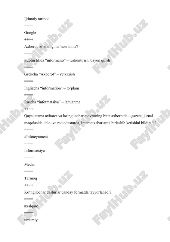 yesi faoliyat ko’rsatmoqda? ==== #29ta ==== 35ta ==== 50ta ==== 12ta ++++ xavf-xatarlarning tarmoqda nechta asosiy turi mavjud? ==== #3ta ==== 4ta ==== 8ta ==== 12ta ++++ qaysi xavf turi internet tarmog‘ida noma’lum (yaxshi tanish bo‘lmagan) shaxslar bilan muloqot jarayonida paydo bo‘ladi? ==== #kommunikatsion xavf ==== kontent xavfi ==== texnik xavf ==== to’g’ri javob yo’q ++++ qaysi xavf turi zararli dasturlardan foydalanib (virus, bot, ayg‘oqchi dasturlar), dasturiy mahsulotlarga zarar yetkazish, maxfiy va shaxsiy axborotlar yoki shaxsga oid ma’lumotlarni o‘g‘irlash, kiberfiribgarlik bilan shug’ullanadi? ==== #texnik xavf ==== to’g’ri javob yo’q ==== kommunikatsion xavf ==== kontent xavfi ++++ qaysi xavf turi yosh avlodning axloqiy va ma’naviy tarbiyasiga salbiy ta’sir etuvchi (matnlar, tasvirlar, audio, videofayllar, havolalar) noqonuniy, axloqsiz va zararli bo‘lgan turli axborotlarning (zo‘ravonlik, yovuzlik, hayosizlik, odob-axloq me’yorlariga zid so‘zlashuv, irqiy, diniy va millatlararo nizolarni keltirib chiqaruvchi, terrorizm va diniy ekstremizm, narkotik va psixotrop moddalar targ‘iboti, joniga qasb qilish, taqiqlangan o‘yinlar) internet tarmog‘ida …