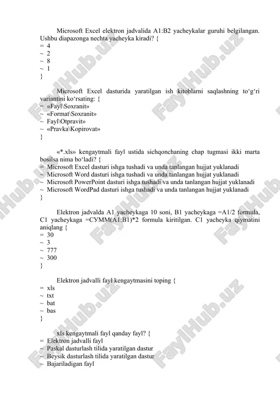 ayl ~ paskal dasturlash tilida yaratilgan dastur ~ beysik dasturlash tilida yaratilgan dastur ~ bajariladigan fayl } =a125% ning manosi nima? { = a1 yacheykaning 25% ni hisoblash ~ a1yacheykaga 25 qo’shib 1% hisoblash ~ a1 yacheykaga 25% qoshish ~ a1 yacheykani 25 % ni saqlab qo’yish } =summ(a1:a11) ma’nosi nima?{ = a1 dan a11 gacha ycheylardagi sonlarning yig’indisini hisoblash ~ a1 dan a11 gacha yacheykalarni o’rtachasini hisoblash ~ a1 va a11 gachayacheykalarni ayirmasini hisoblash ~ a1 va a11 gacha yacheykalarni o’rtachasini hisoblash } yacheyka manzili to‘g‘ri yozilgan javobni ko‘rsating: { = b7 ~ 12a ~ 5d6 ~ f2c } microsoft excel dasturida ish kitobi varag‘ini qanday o‘chirish mumkin? { = varaq nomi ustida sichqonchaning o‘ng tugmasini bosish va hosil bo‘lgan kontekst menyudan “udalit” buyrug‘ini ishga tushirish orqali ~ varaqni belgilash va menyudan «pravka\udalit» buyrug‘ini ishga tushirish orqali ~ varaqni belgilash va menyudan «fayl\zakrit» buyrug‘ini ishga tushirish orqali ~ varaqni …