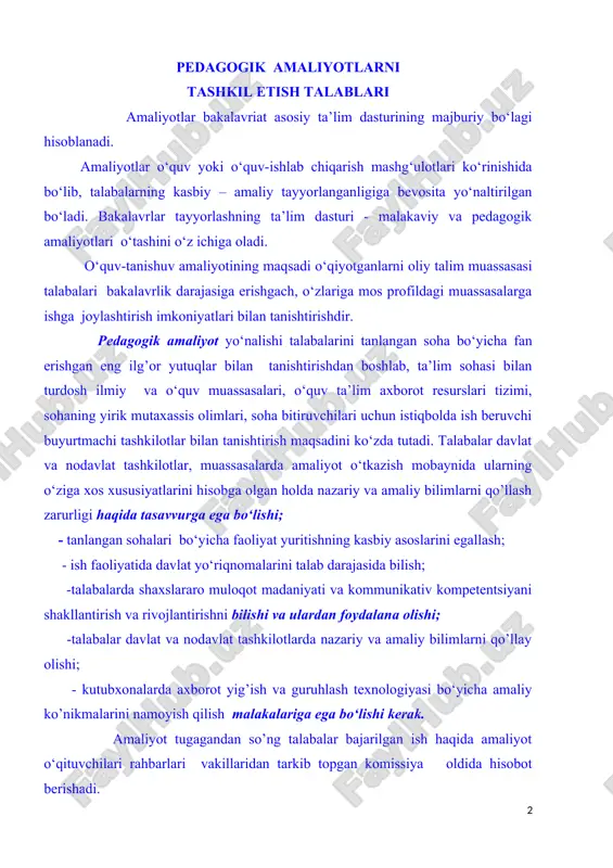 sh texnologiyasi bo‘yicha amaliy ko’nikmalarini namoyish qilish malakalariga ega bo‘lishi kerak. amaliyot tugagandan so’ng talabalar bajarilgan ish haqida amaliyot o‘qituvchilari rahbarlari vakillaridan tarkib topgan komissiya oldida hisobot berishadi. pedagogik amaliyot esa talabalarda dastlabki pedagogik faoliyat tasavvurlari, bilim va ko’nikmalarini shakllantirishga qaratiladi. amaliyot davomida talabalar tajribali pedagoglarning rahbarligida ularning darslarini kuzatish tajribalarini o‘zlashtirish, ish faoliyati hujjatlarini tuzish va ulardan foydalanish malakalarini hosil qilishga yo’naltiriladi. belgilangan muddat davomida talabalar passiv kuzatish kursidan faol pedagogik faoliyatga o‘tadilar. bu jarayonda talabalarning ishlariga individual rahbarlikni tashkil etish ustoz-shogird an’anasiga ko‘ra amaliy ko’nikmalarini egallashga mo’ljallangan. malakaviy amaliyotga : -maktabgacha talim muassasasi, o‘rta umumta’lim maktabi, akademik litsey, kasb-hunar kollejlarida malakaviy amaliyotni o‘tay olishlari kerak. -amaliyot jarayoni kasbiy ko’nikmamalakalarni shakllantirish, nazariy bilimlarini qo’llay olish va ularni o‘zlashtirishga imkoniyat yaratish va talabalarni pedagogik faoliyatga moslashtirishdan iborat. -malakaviy amaliyot davrida talabalar quyidagi kasbiy ko’nikma, malakalarni mustahkamlashi kerak: - musiqa madaniyati predmeti bo‘yicha o‘quv-tarbiyaviy jarayonni tashkil qilish va kuzatish; - uning …