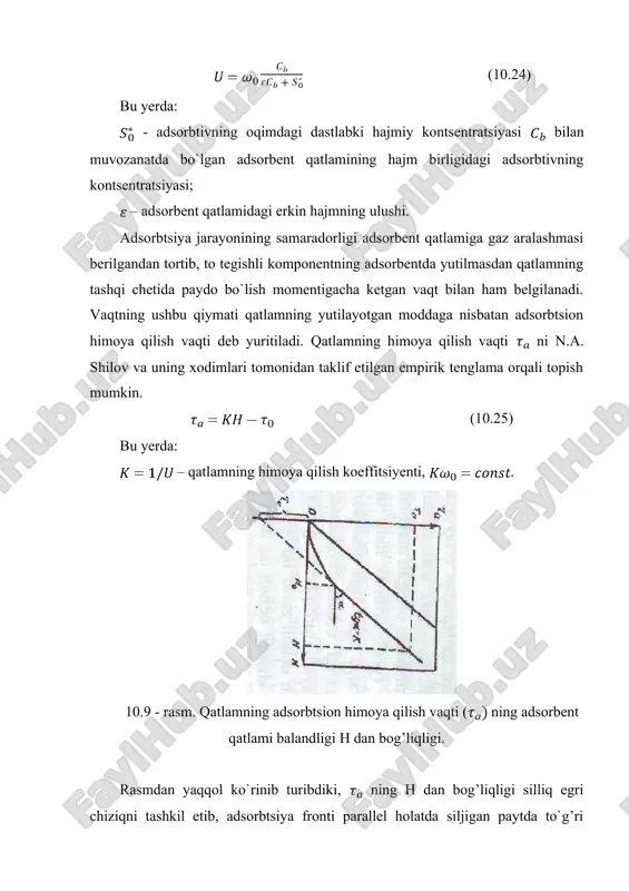 moya qilish vaqti deb yuritiladi. qatlamning himoya qilish vaqti ni n.a. shilov va uning xodimlari tomonidan taklif etilgan empirik tenglama orqali topish mumkin. (10.25) bu yerda: – qatlamning himoya qilish koeffitsiyenti, . 10.9 - rasm. qatlamning adsorbtsion himoya qilish vaqti ( ning adsorbent qatlami balandligi h dan bog’liqligi. rasmdan yaqqol ko`rinib turibdiki, ning h dan bog’liqligi silliq egri chiziqni tashkil etib, adsorbtsiya fronti parallel holatda siljigan paytda to`g’ri chiziq ko`rinishini egallaydi. ushbu to`g’ri chiziq og’ish burchagining tangensi qatlamning himoya qilish koeffitsiyentiga teng bo`ladi, ya`ni . amaliy hisoblashlarda qatlamni himoya qilish vaqtining yo`qolishi ning qiymati tajriba natijalari asosida olingan quyidagi taxminiy bog’liqlik yordamida aniqlanadi: (10.26) bu yerda: – modda o`tkazish zonasining balandligi. modda o`tkazish zonasining balandligi quyidagi tenglama orqali hisoblab topiladi: (10.27) bu yerda: – gaz (yoki suyuqlik) fazasi bo`yicha hisoblangan umumiy o`tkazish soni; – gaz (yoki suyuqlik) fazasi bo`yicha hisoblangan modda o`tkazishning hajmiy koeffitsiyenti. qatlamni himoya qilish vaqtining yo`qolishi ni …