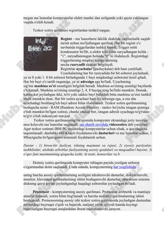 monitor va klaviatura kiradi. qo'shimcha qurilmalarga "sichqoncha" manipulyatori, printer, plotter, skaner, nurli pero va boshqalar misol bo'ladi. sistema blokini asosiy xotira, protsessor va elektron sxema tashkil etadi. asosiy xotira o'z navbatida tezkor xotira qurilmasi (txq) va doimiy xotira qurilmasidan (dxq) iborat. tezkor xotira qurilmasida kompyuterga kiritiladigan va uning ish jarayoni davomida hosil bo'luvchi barcha axborotlar va ma`lumotlarni ishlash uchun zarur bo'ladigan dasturlar vaqtincha saqlanadi. chunki, tezkor xotira qurilmasida saqlanib turgan ma`lumotlar kompyuterlar elektr manba`dan uzilganda yoki qayta yuklangan vaqtda o'chib ketadi. tezkor xotira qurilmasi registrlardan tashkil topgan. registr - ma`lumotlarni ikkilik shaklida vaqtinchalik saqlab turish uchun mo'ljallangan qurilma. har bir registr o'z navbatida triggerlardan tashkil topadi. trigger mitti kondensator bo'lib, u elektr toki bilan zaryadlangan holda - "1", zaryadlanmagan holatda "0" ni ifodalaydi. registrdagi triggerlarning miqdori kompyuterning necha razryadli ekanini belgilaydi. registrlar uyachalar (yacheykalar) deb ham yuritiladi. uyachalarning har bir razryadida bir bit axborot joylashadi, ya`ni 0 yoki 1. 8 …