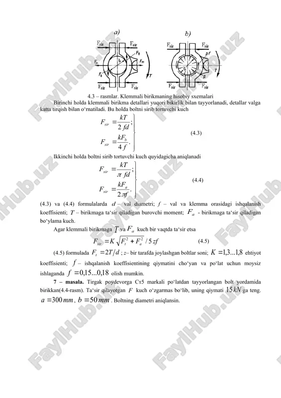 moment; - birikmaga ta‘sir qiladigan bo‘ylama kuch. agar klemmali birikmaga va kuch bir vaqtda ta‘sir etsa (4.5) (4.5) formulada ; z– bir tarafda joylashgan boltlar soni; ehtiyot koeffisienti; – ishqalanish koeffisientining qiymatini cho‘yan va po‘lat uchun moysiz ishlaganda olish mumkin. 7 – masala. tirgak poydevorga ct5 markali po‘latdan tayyorlangan bolt yordamida birikkan(4.4-rasm). ta‘sir qilayotgan kuch o‘zgarmas bo‘lib, uning qiymati ga teng. , . boltning diametri aniqlansin. 4.4 – rasm. tirgakning poydevoriga qotirilishi yechish.boltga ta‘sir qiluvchi kuchlarni aniqlaymiz. ; ; . ≈; . boltning sterjenida cho‘zuvchi kuch va eguvchi moment ta‘siridan yuzaga keluvchi umumiy kuchlanish . ruxsat etilgan kuchlanishning qiymati ; bu yerda : – xavfsizlik koeffisienti (uglerodli po‘latlat uchun). boltning diametrini aniqlaymiz: maxsus jadvaldan m16x1,75, li bolt tanlaymiz. 8 – masala. kronshteyn beton poydevorga 4 ta bolt bilan biriktirilgan, bolt materiali ct5 po‘latidan. kronshteynga burchak ostida kuch ta‘sir qiladi. kronshteyn o‘lchamlari , , ishqalanish kotffisienti. bolt diametrini hisoblang. yechish. kronshteynga …