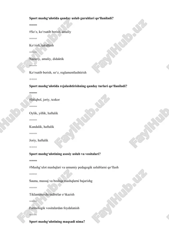 oxasida ilmiy tadqiqot ishlarini ko‘nikma va malakalarini tarbiyalash ==== sport meditsina va gigiena soxasidagi bilimlarni egallash ++++ sport o‘quv mashg‘ulotida qanday guruh uslublari qo‘llaniladi? ==== #og‘zaki, ko‘rsatmali, amaliy ==== ko‘rsatmali ==== amaliy ==== og‘zaki ++++ gandbolchilarni maxsus jismoniy tayyorgarligini aniqlash uchun gandbolda qanday testlar o‘tkaziladi? ==== #30 m ga to‘pni erga urib olib yugurish, chidamlilikni aniqlovchi 100 metrga moksimon yugurish, barcha sifatlarni aniqlovchi mashqlar ==== yugurib kelib uzunlikka sakrash, uch xatlab sakrash, sakrab darvozaga to‘pni ikki qo‘llab otish ==== 30 m ga to‘pni erga urib olib yugurish, g‘ovlar osha yugurish ==== kompleks mashqlar,estafeta mashqlari, tayanib to‘p otish ++++ chidamlilik atamani qanday tushunasiz? ==== #o‘quv-mashg‘ulot jarayonida charchash xolatiga bardosh berish qobiliyati ==== sportchilarning shiddat bilan maksimal ish bajarish qobiliyati ==== uzoq vaqt ish bajarish qobiliyati ==== sportchilarning mushak kuchlanishiga chidash qobiliyati ++++ chidamlilik sifatlarini rivojlantirish uchun namunaviy qulay davr? ==== #9-10 yosh, 15-16 yosh ==== 12-13 yosh ==== 13-14 yosh ==== …