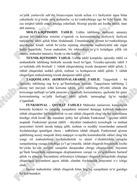 chiqishini aniqlash; me'yordan chiqishga ta'sir qiluvchi omillarni aniqlash; kamchiliklarga yo‘l qo‘ygan javobgar shaxslarni aniqlash; salbiy omillarni bartaraf qilish uchun tadbirlar ishlab chiqish; ko‘rsatilgan vaqtda erishilgan natijalarni yakunlash va «tor» joy va ilg‘or bo‘g‘inlarni aniqlash. istiqbol tahlili istiqbol tahlili, deganda xo‘jalik yurituvchi sub’ektning kelgusi faoliyatini oldindan o‘rganish, bo‘ladigan jarayonlarni oldindan belgilash maqsadida amalga oshiriladigan tahlil tushuniladi. masalan, xo‘jalik yurituvchi sub’ekt biznes-rejani tuzish uchun o‘z faoliyatini nima bilan yakunlashi to‘g‘risida aniq tushuncha va ko‘rsatkichlarga ega bo‘lishi kerak. bu esa istiqbol tahlili orqali amalga oshiriladi. hozirgi paytda uni loyiha tahlili, ham deb atamoq. moliya-iqtisodiy tahlil ushbu tahlilning mohiyati umumiy qiymat ko‘rsatkichlar tizimini o‘rganish va korxonalarning moliyaviy faoliyati natijalarini tahlil qilish bilan ifodalanadi. umumlashgan qiymat ko‘rsatkichlariga quyidagilar kiradi: sotish bo‘yicha rejaning shartnoma majburiyatini ado etgan holda bajarilishi, tovar mahsuloti, bir ishlovchiga to‘g‘ri keladigan yillik ish unumi, mahsulot tannarxi, foyda va shu kabilar. texnik-iqtisodiy tahlil ushbu tahlil kompleks iqtisodiy tahlil va muhandislik tahlilning birikishi asosida …